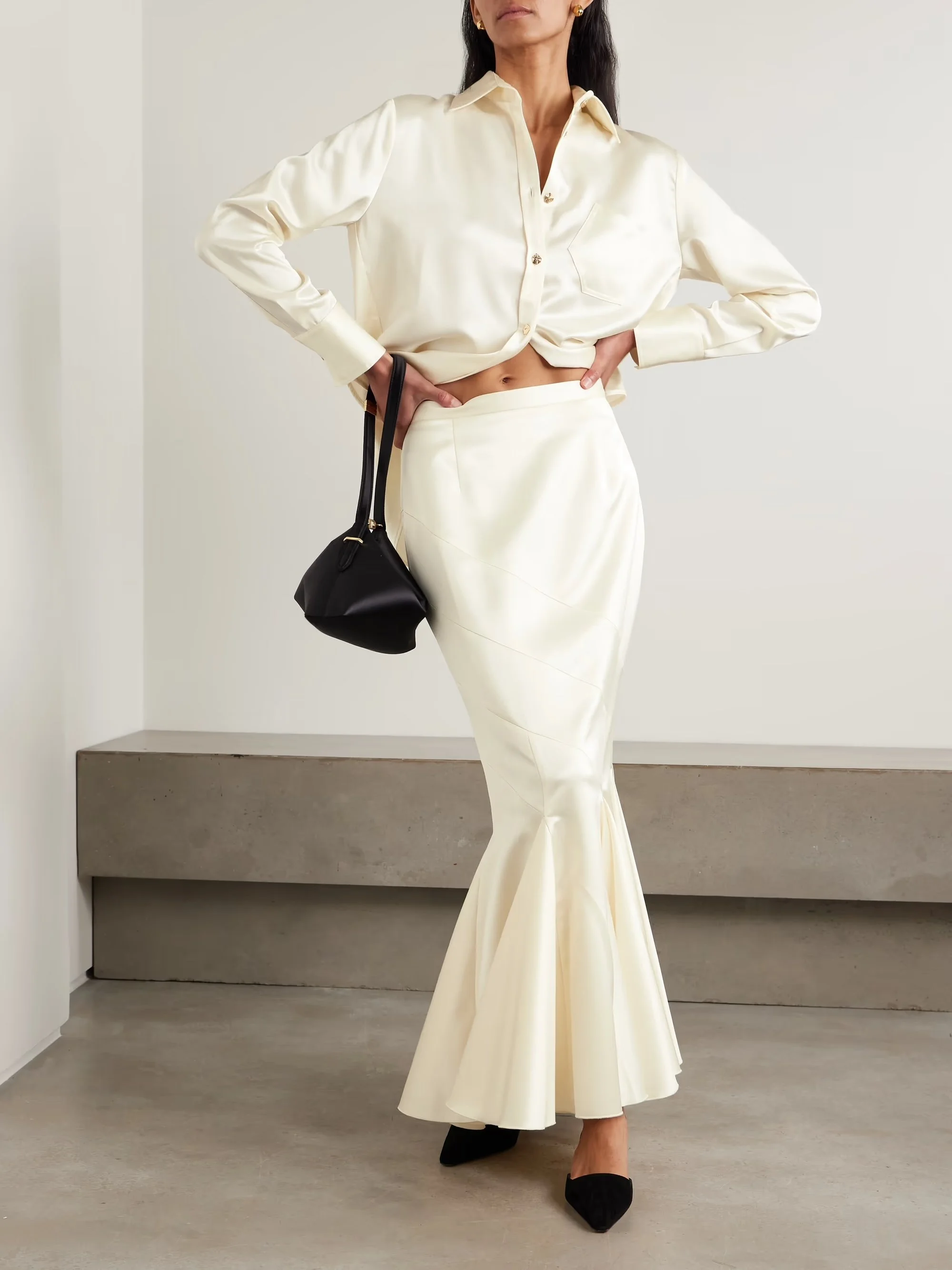 Gentileschi pleated paneled satin maxi skirt