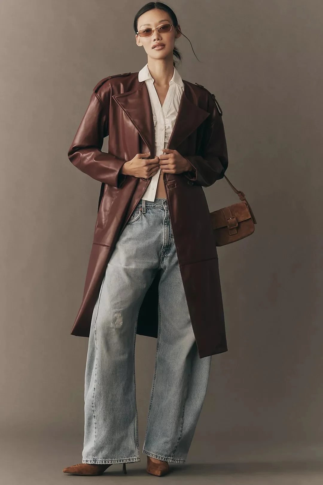 NVLT Faux Leather Belted Trench Coat