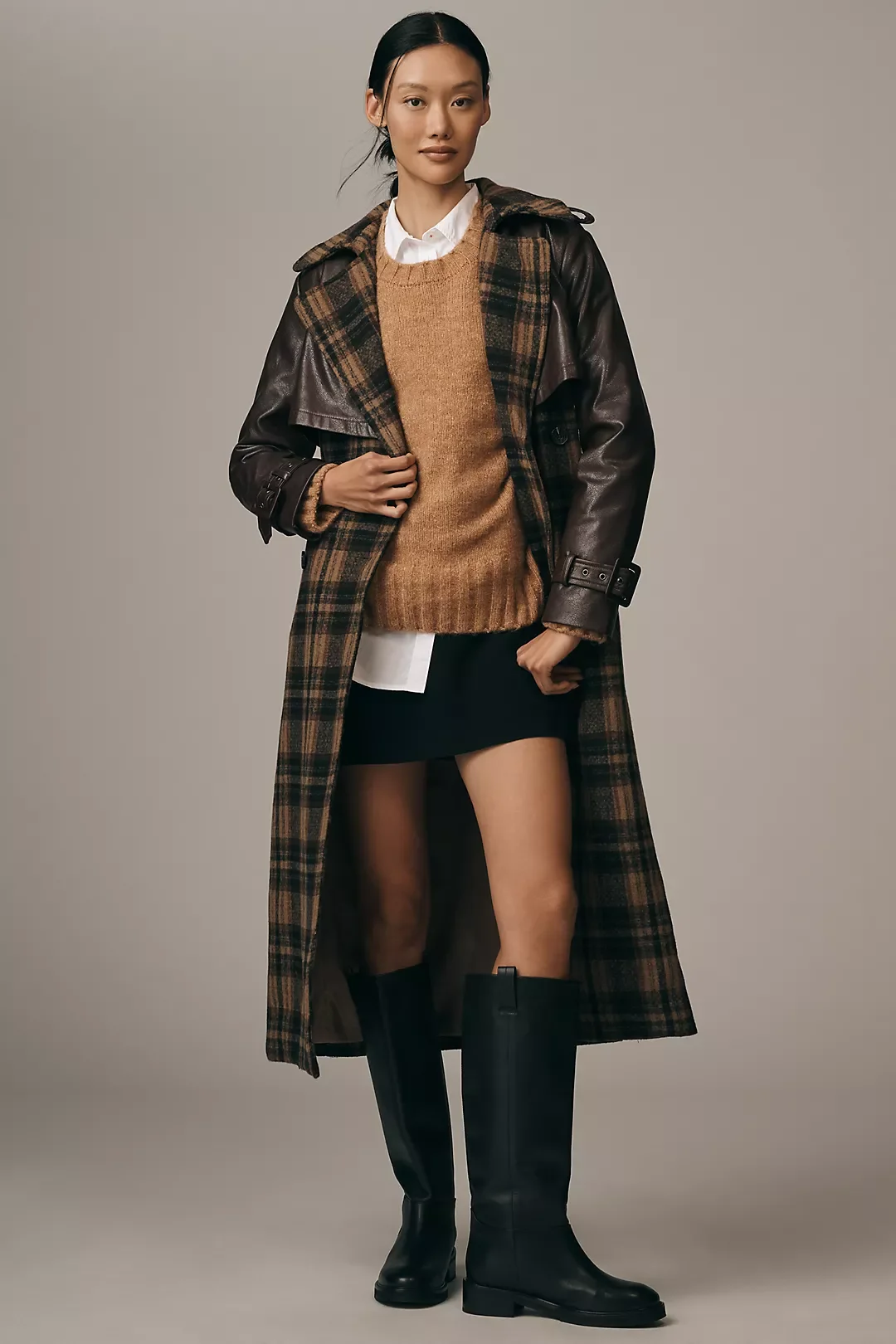 Avec Les Filles Faux Leather Oversized Plaid Trench Coat