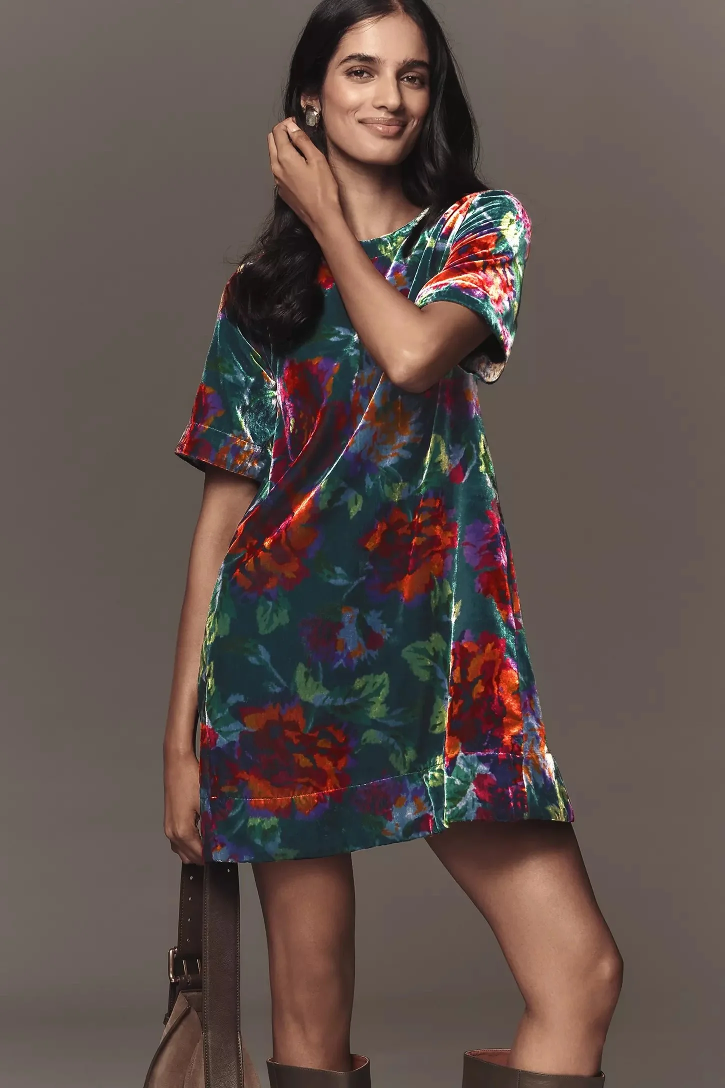 The Emmy Short-Sleeve Swing Mini Dress by Maeve: Velvet Edition