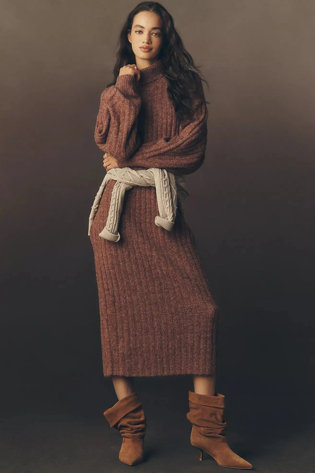By Anthropologie Long-Sleeve Turtleneck Belted Sweater Midi Dress