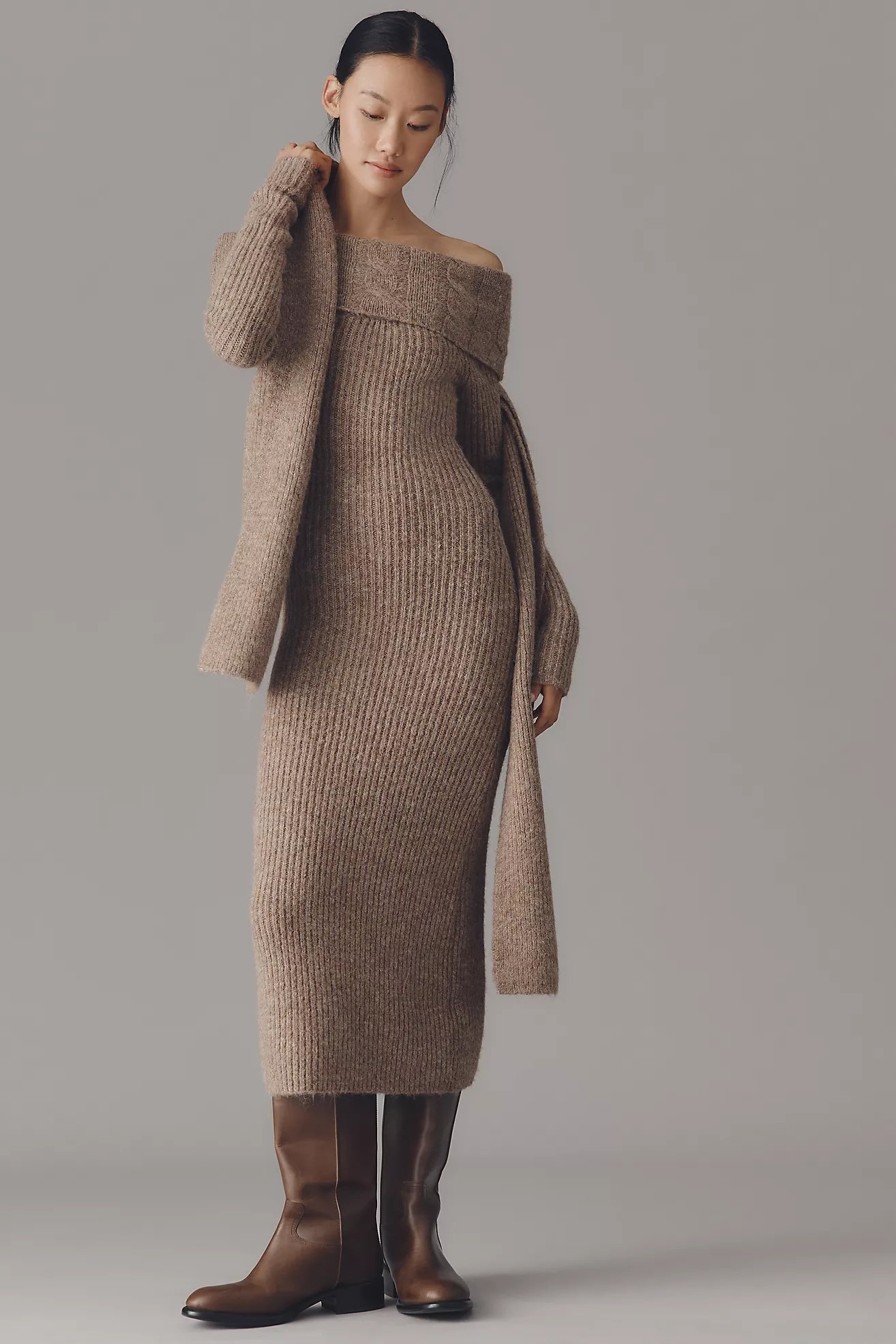 Endless Rose Off-Shoulder Slim Sweater Midi Dress