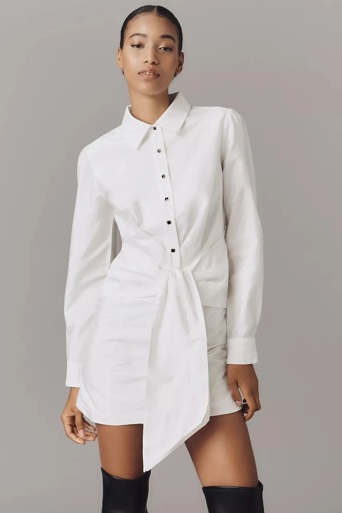 By Anthropologie Long-Sleeve Tie-Front Mini Shirt Dress