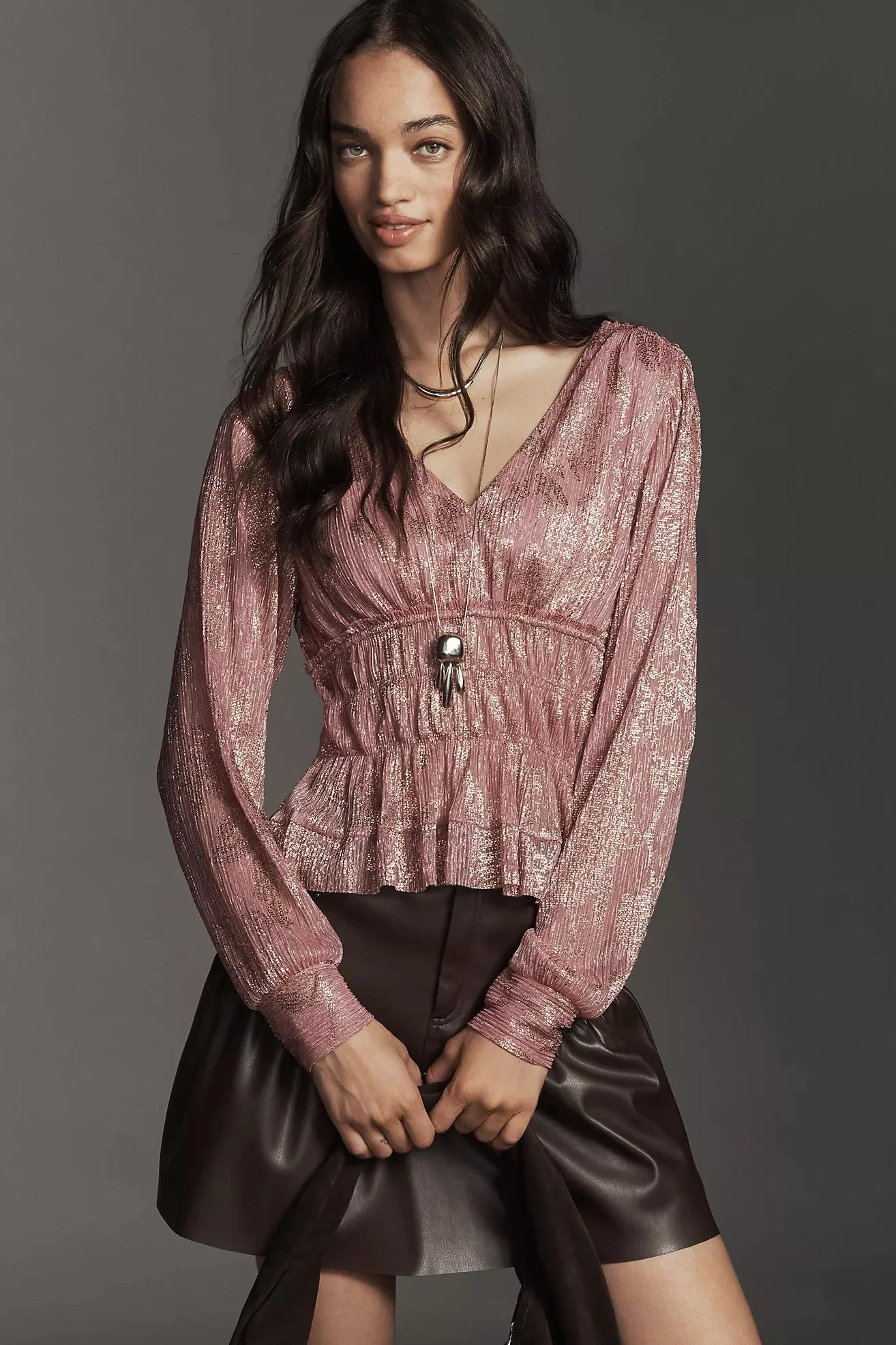 Metallic Smocked Long-Sleeve Shirt