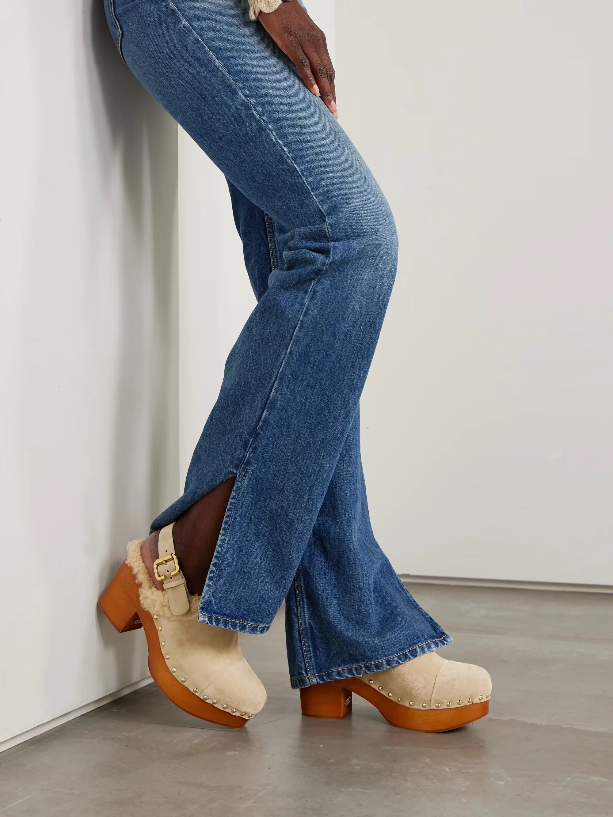 Jeanette shearling-trimmed suede slingback platform clogs