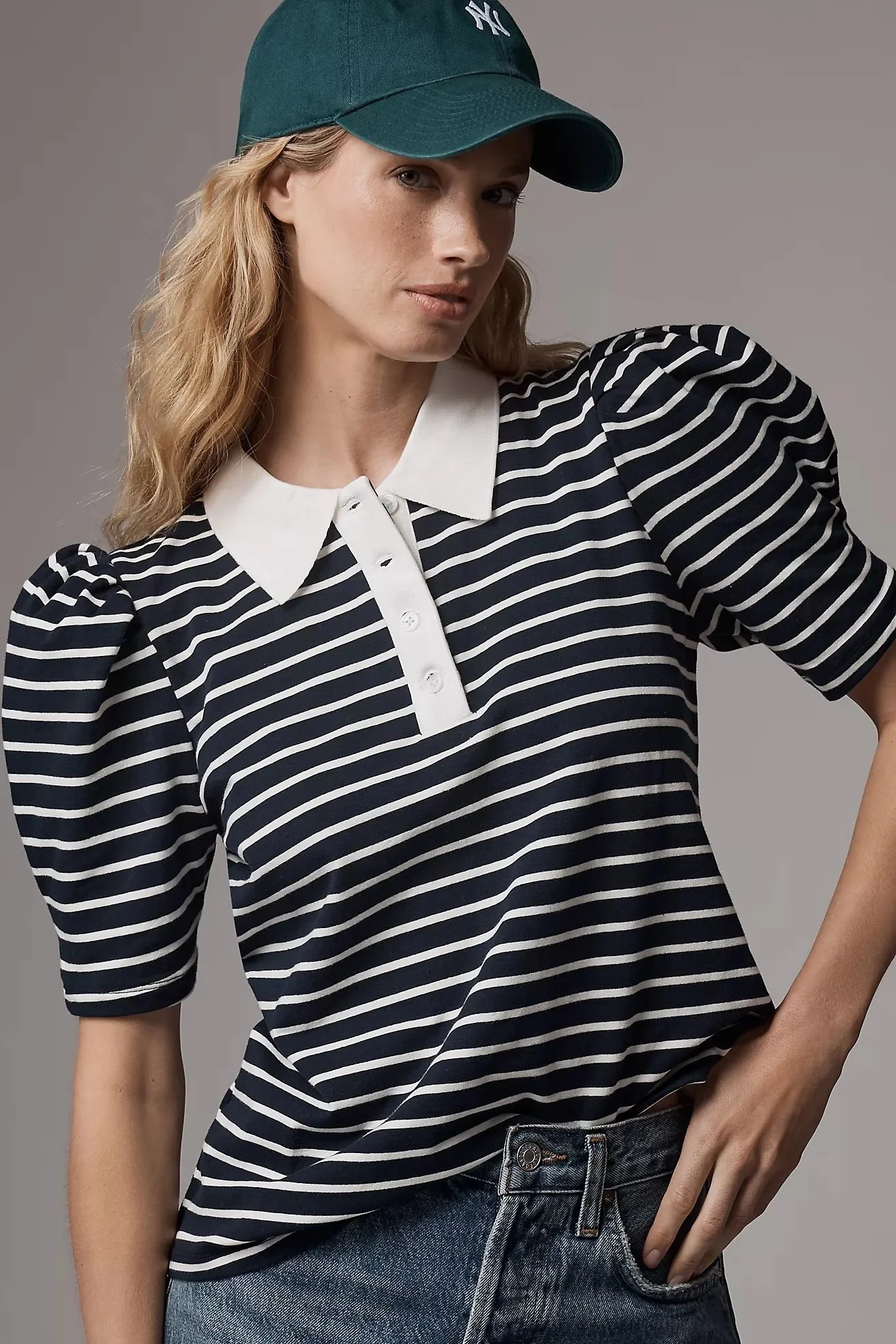 English Factory Puff-Sleeve Striped Polo Top
