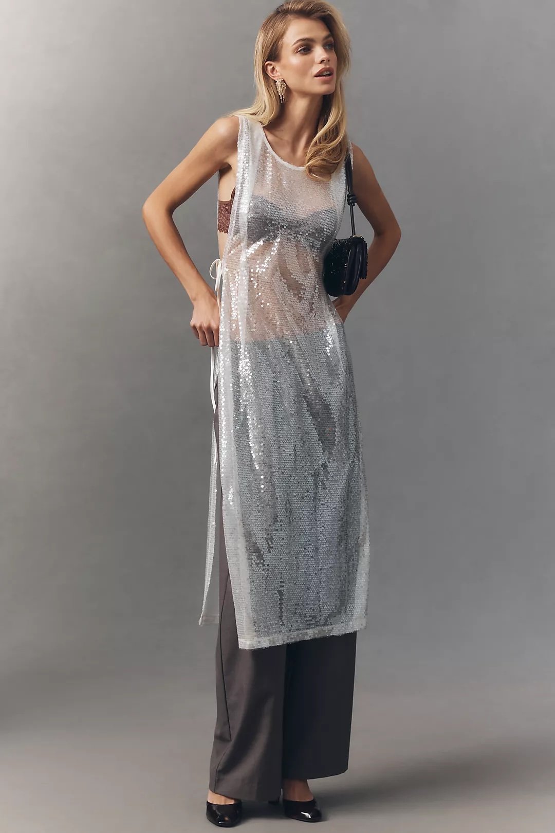 Sheer Sequin Side-Tie Tunic Top