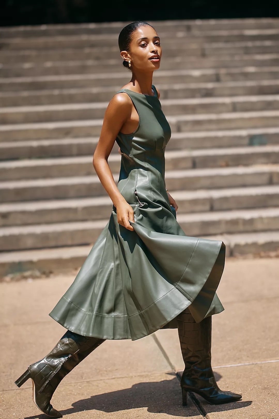 Faux Leather A-Line Midi Dress