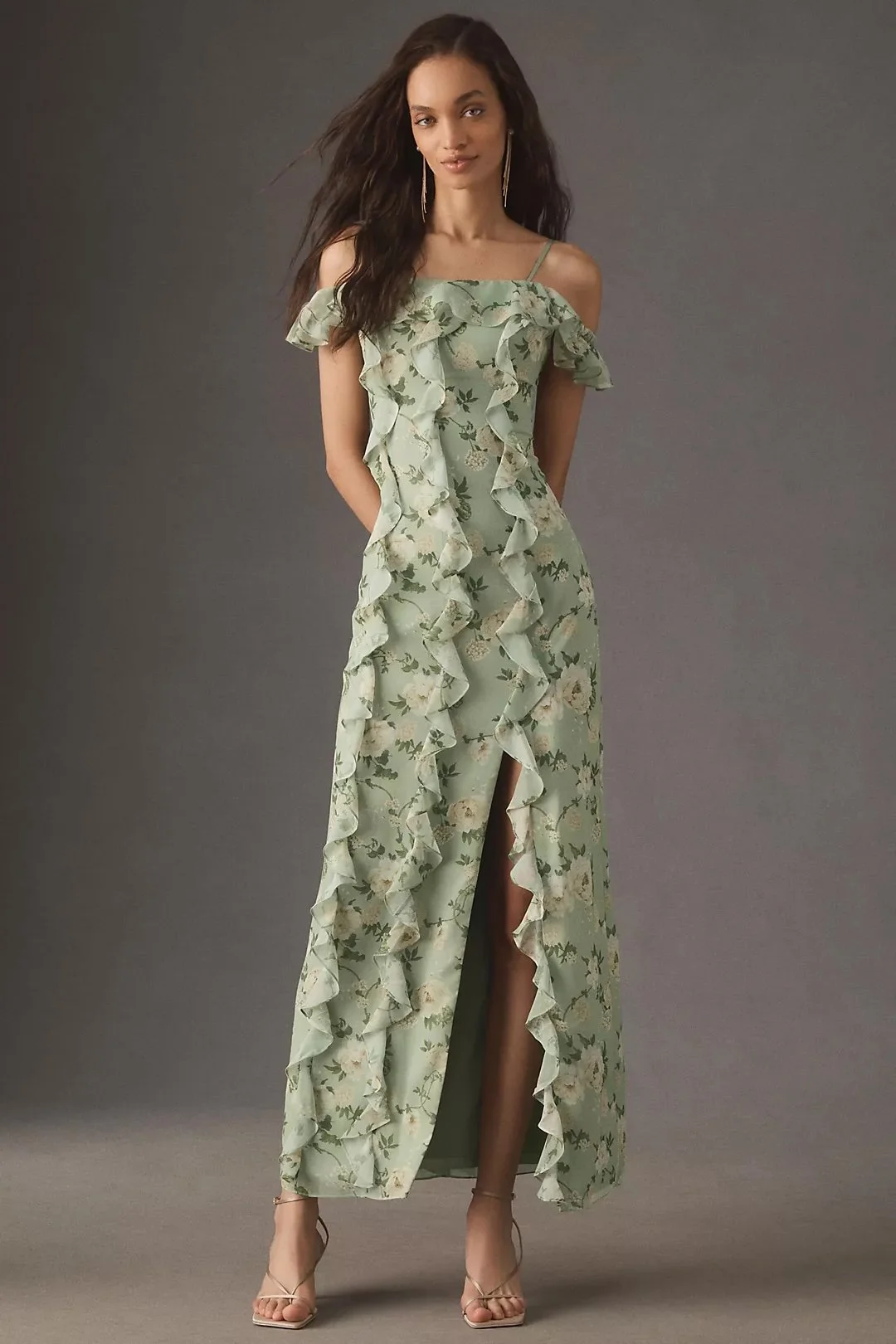 Off-Shoulder Ruffled Chiffon Maxi Dress