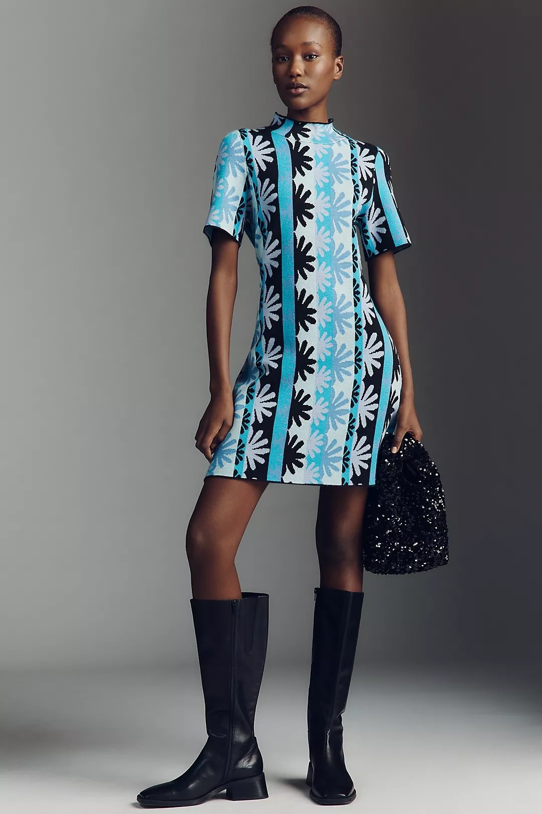 The Nina Short-Sleeve Mock-Neck Mod Sweater Mini Dress