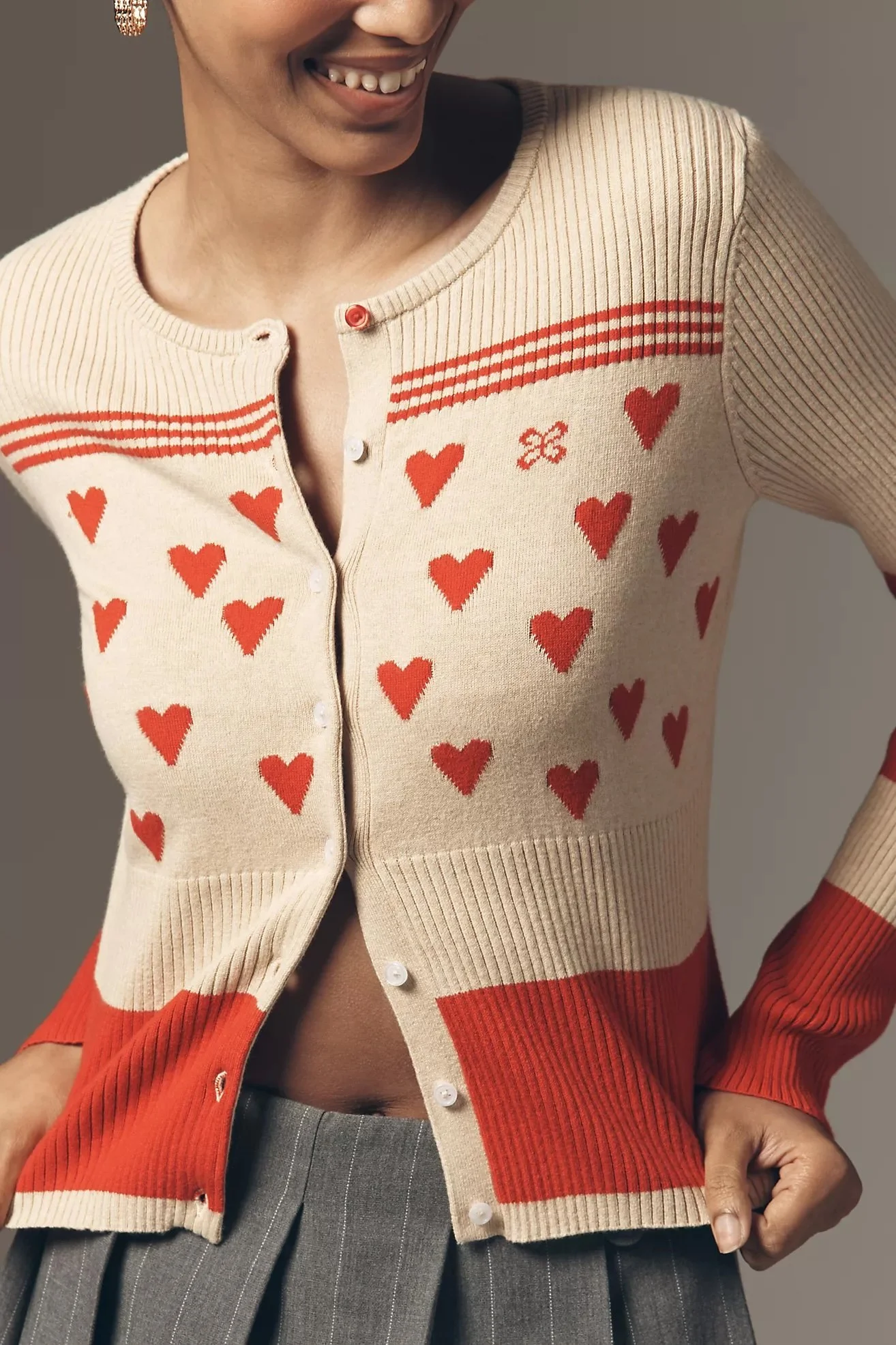 Sweetheart Ribbed Long-Sleeve Crew-Neck Cardigan Sweater