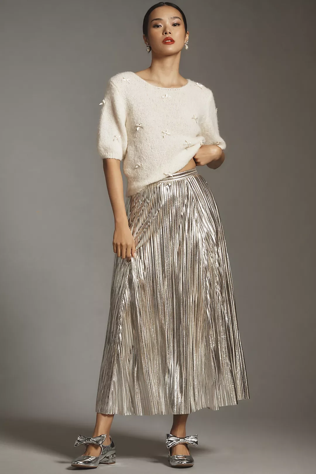 Metallic Pleated Midi Skirt