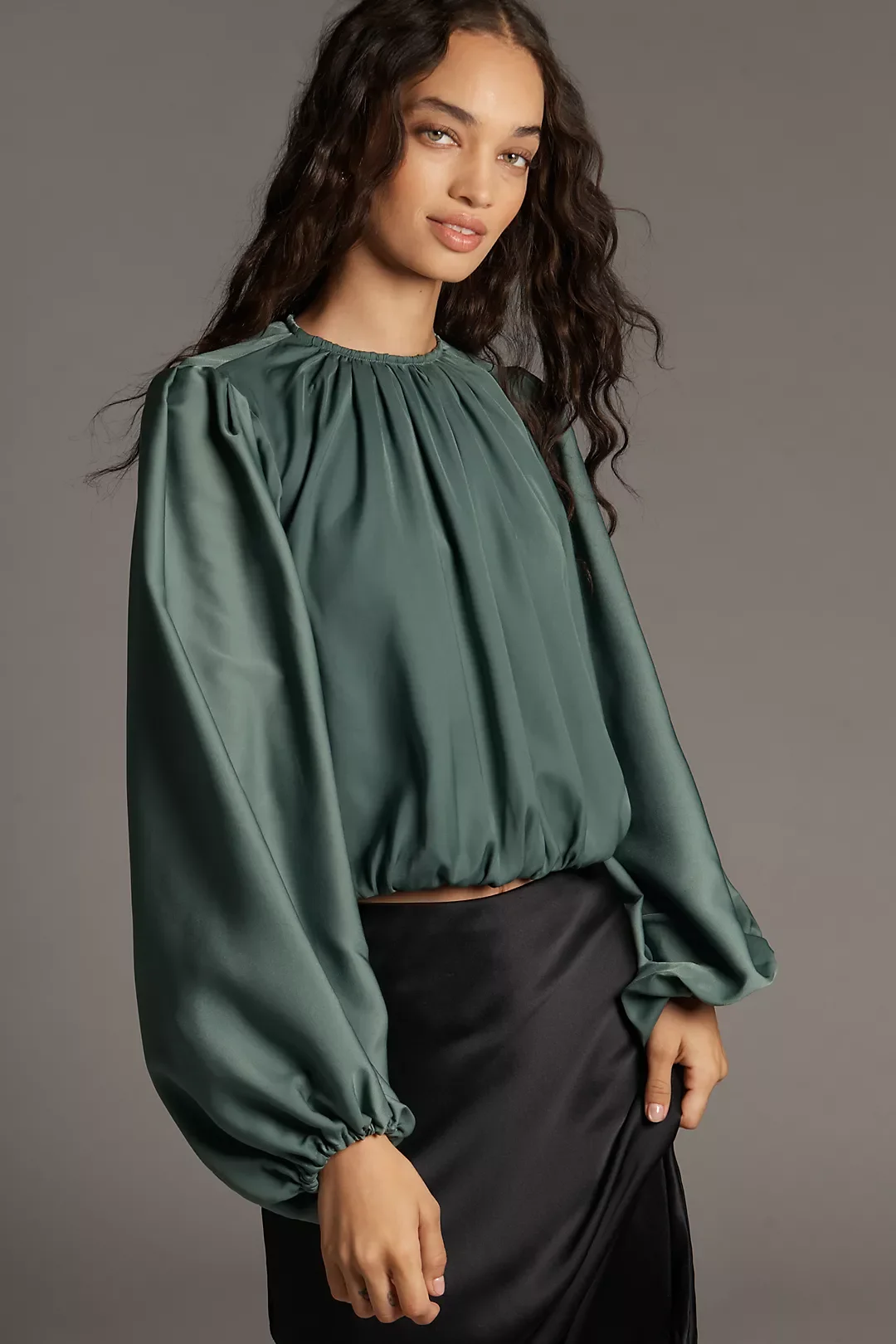 Cropped Puff-Sleeve Bubble-Hem Blouse