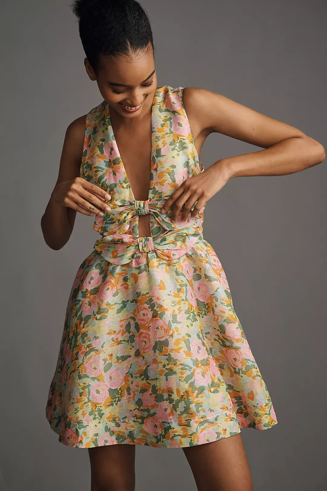 Delilah Sleeveless Bow Linen-Silk Mini Dress