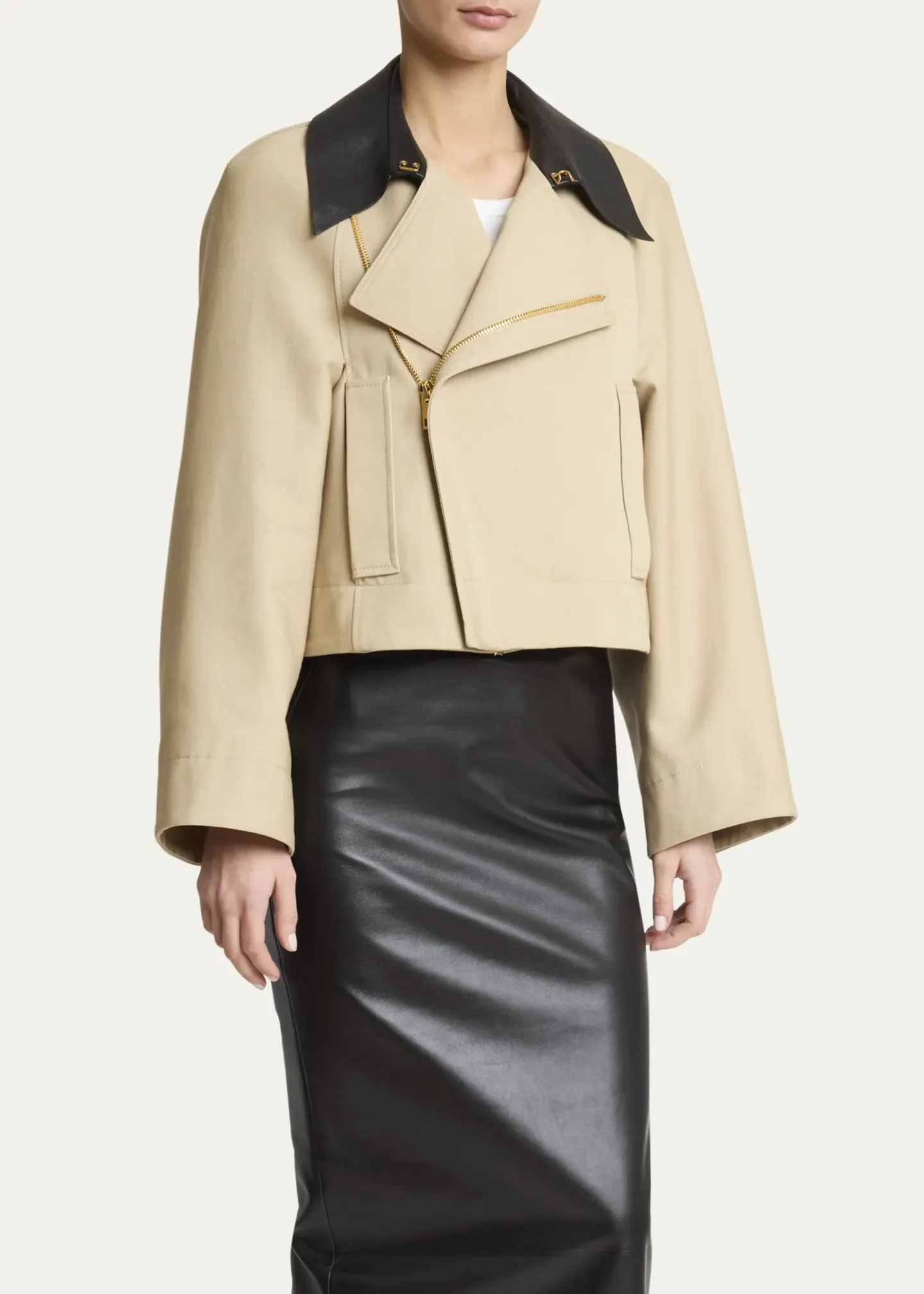 Leather Collar Zip Cocoon Jacket