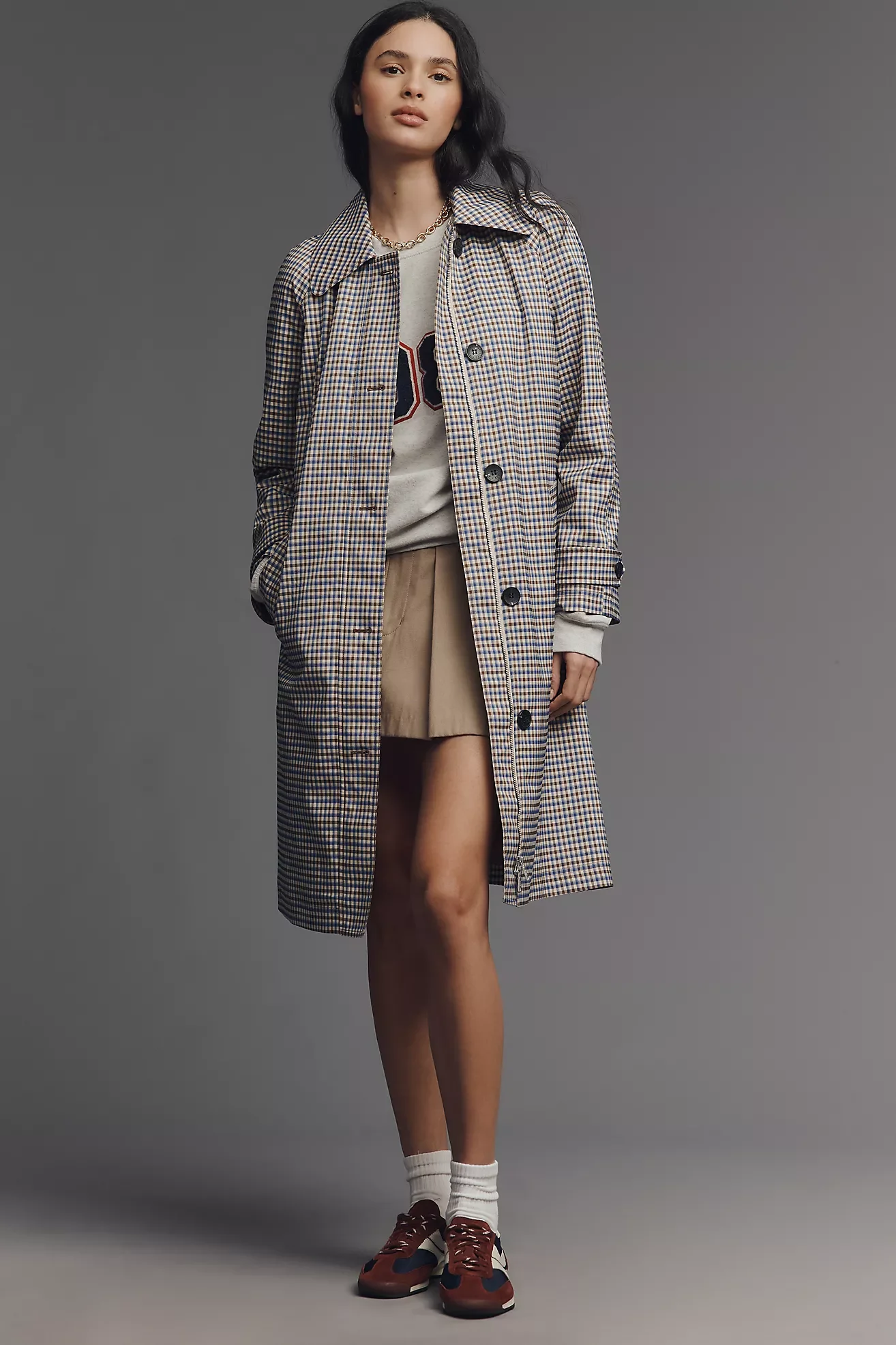 Long Gingham Trench Coat Jacket