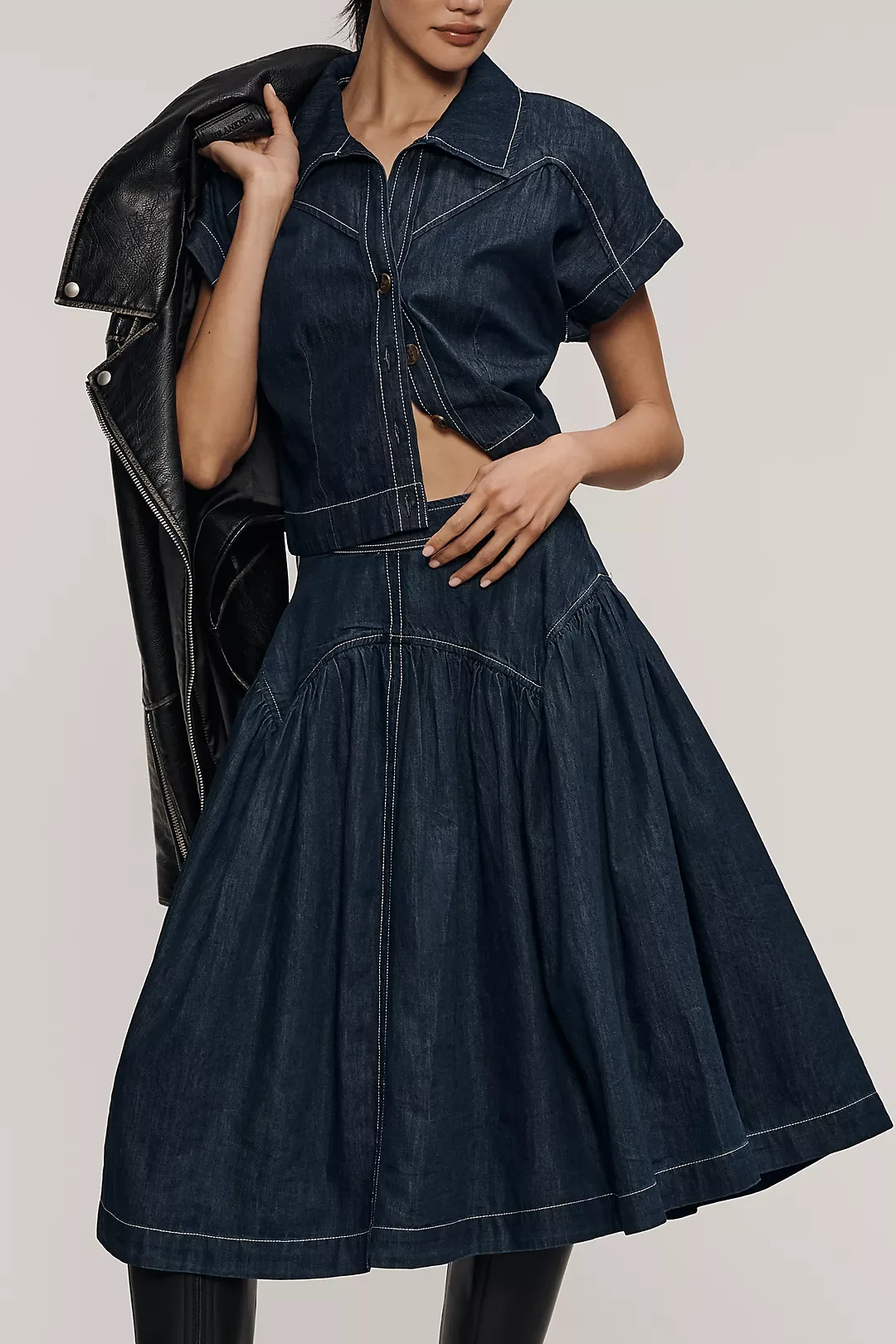 Yoked Denim Midi Skirt