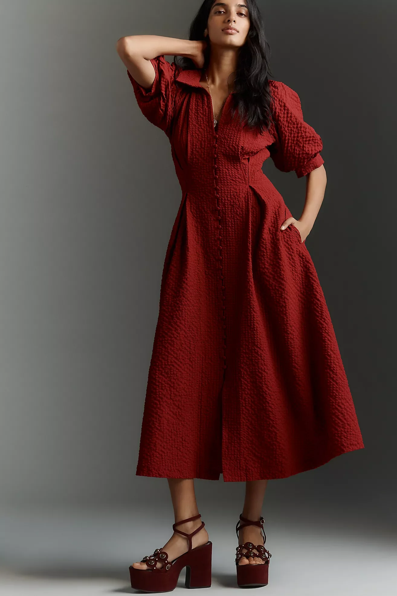 English Factory Puff-Sleeve Textured Midi Shirt Dress (Copy)