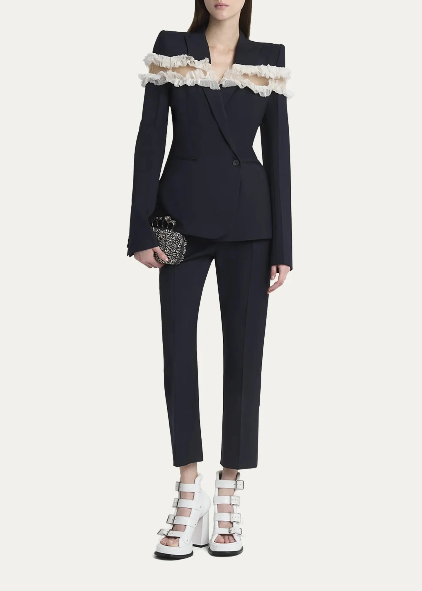 Ruffle Inset Single-Breasted Blazer