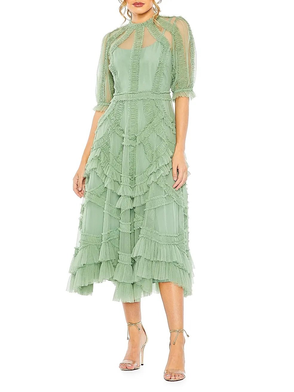 Women's High-Neck Gathered Tulle Midi-Dress - Jade 