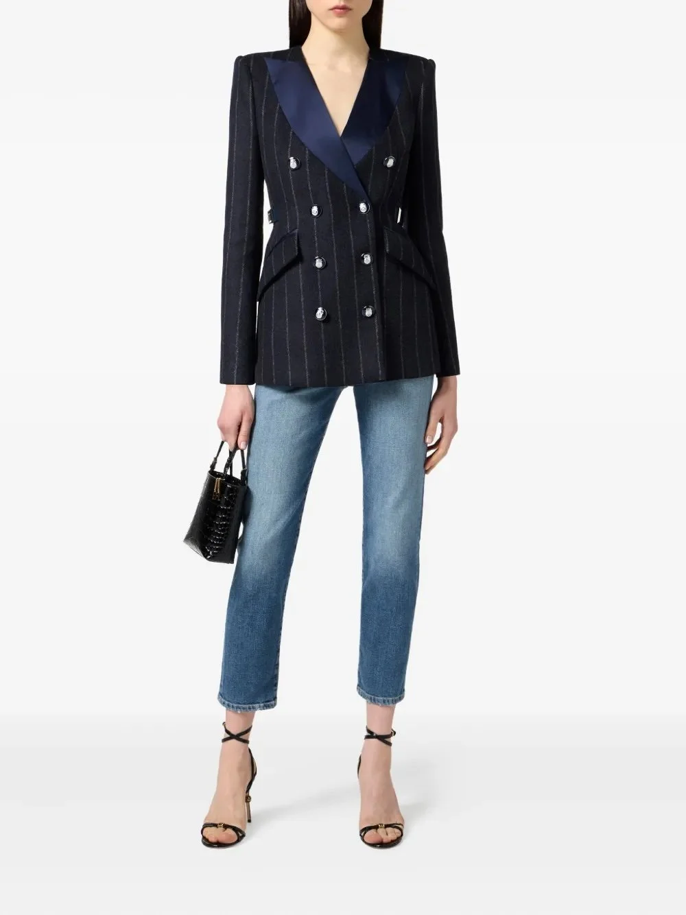 Elisabetta Franchi pinstripe satin-lapel blazer - Blue