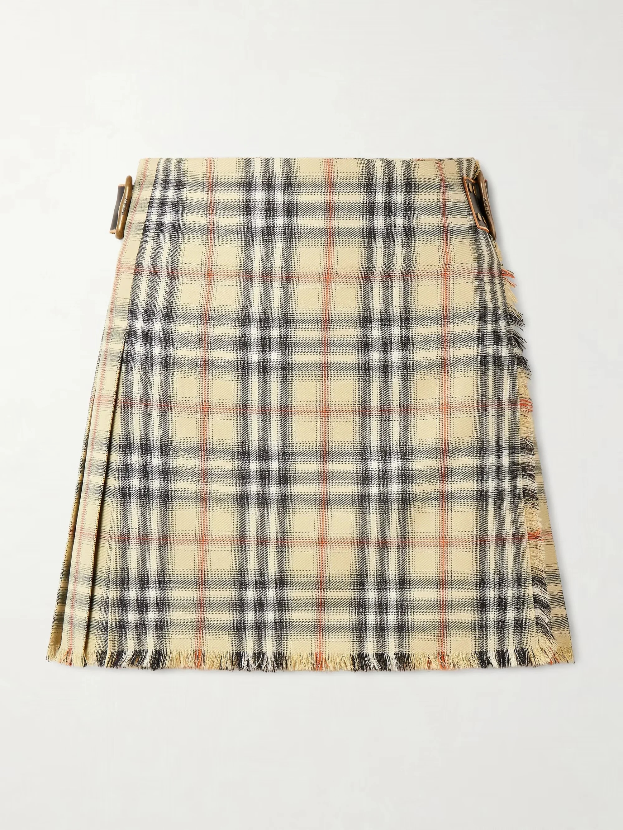 Burberry - Leather-trimmed Pleated Checked Wool Mini Skirt - Neutrals