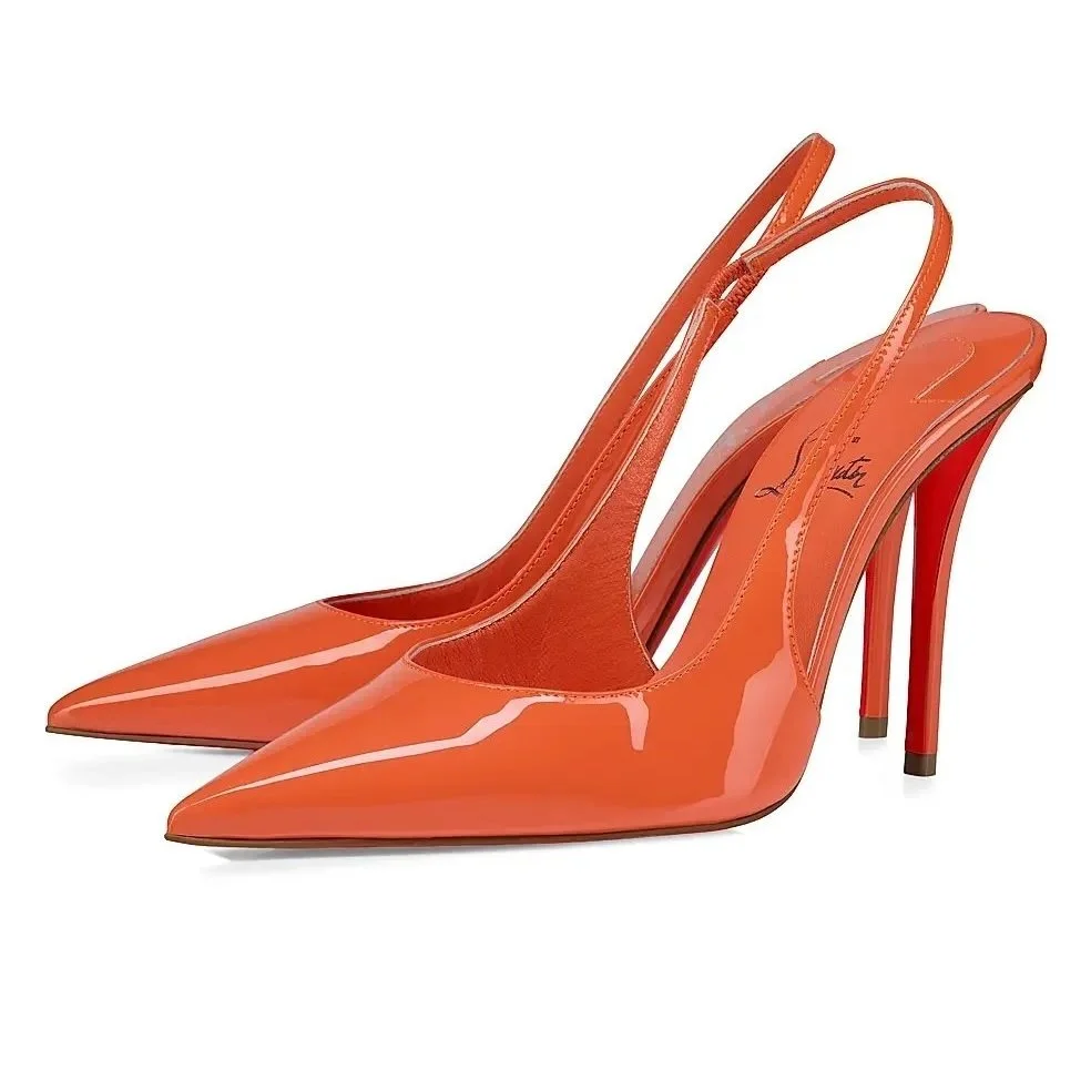 Orange high-heeled slingback shoes with pointed toes and stiletto heels.