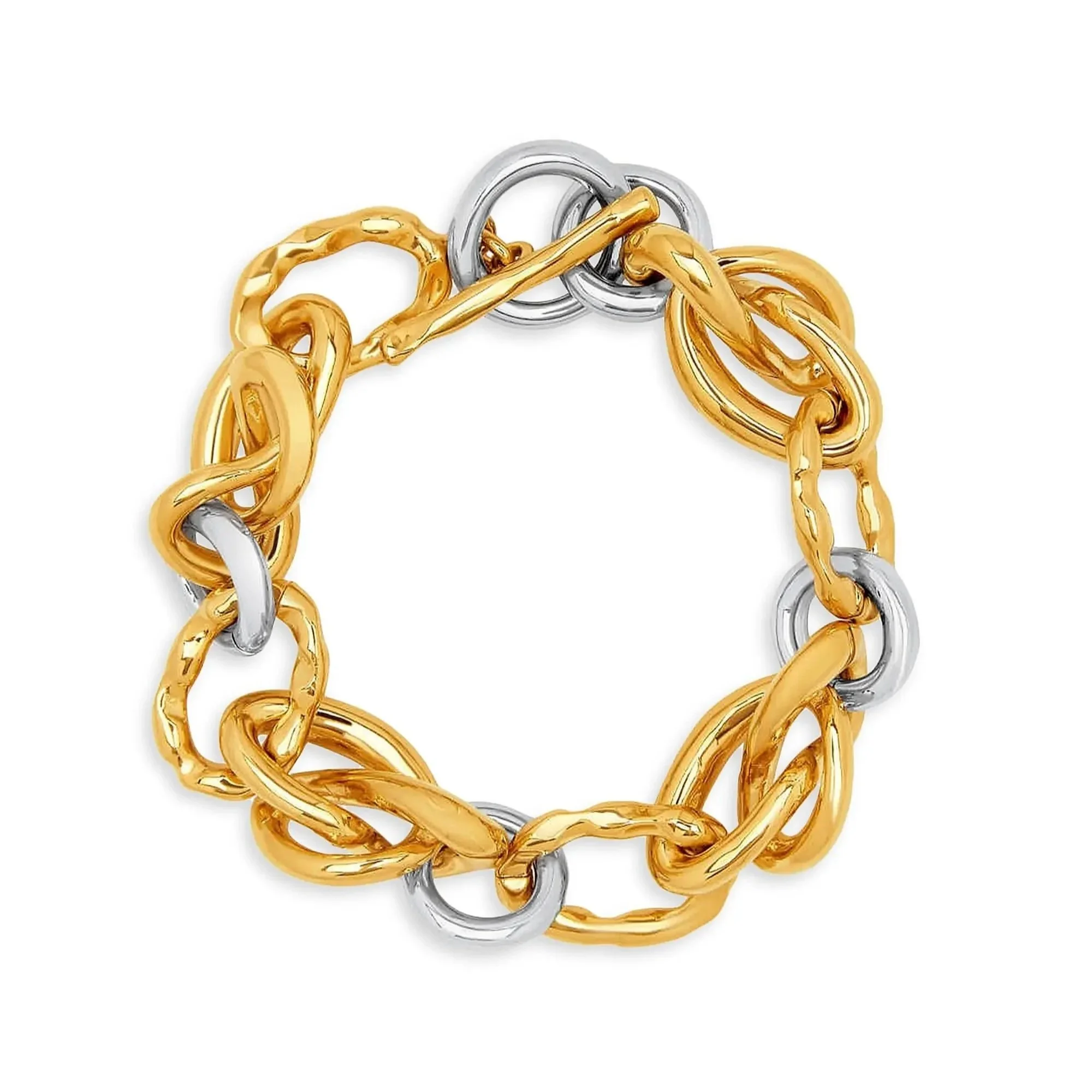 Gold and silver linked chain bracelet with a toggle clasp.