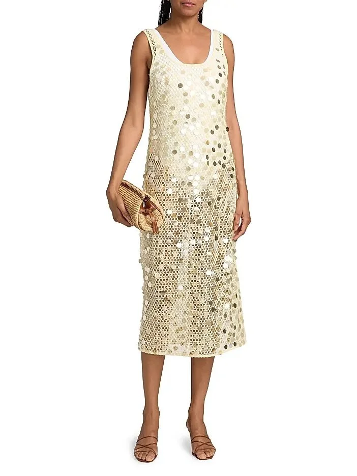 Women's Pailette Sequined Crochet Cover-Up Midi-Dress - Yellow 