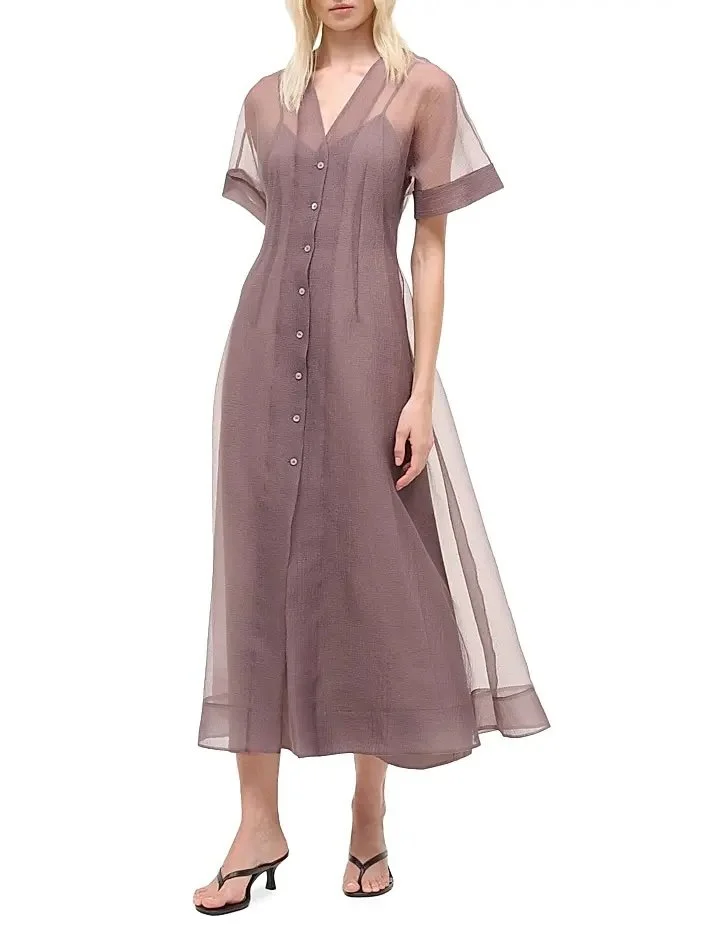Women's Elle Semi-Sheer Midi-Shirtdress - Mink 