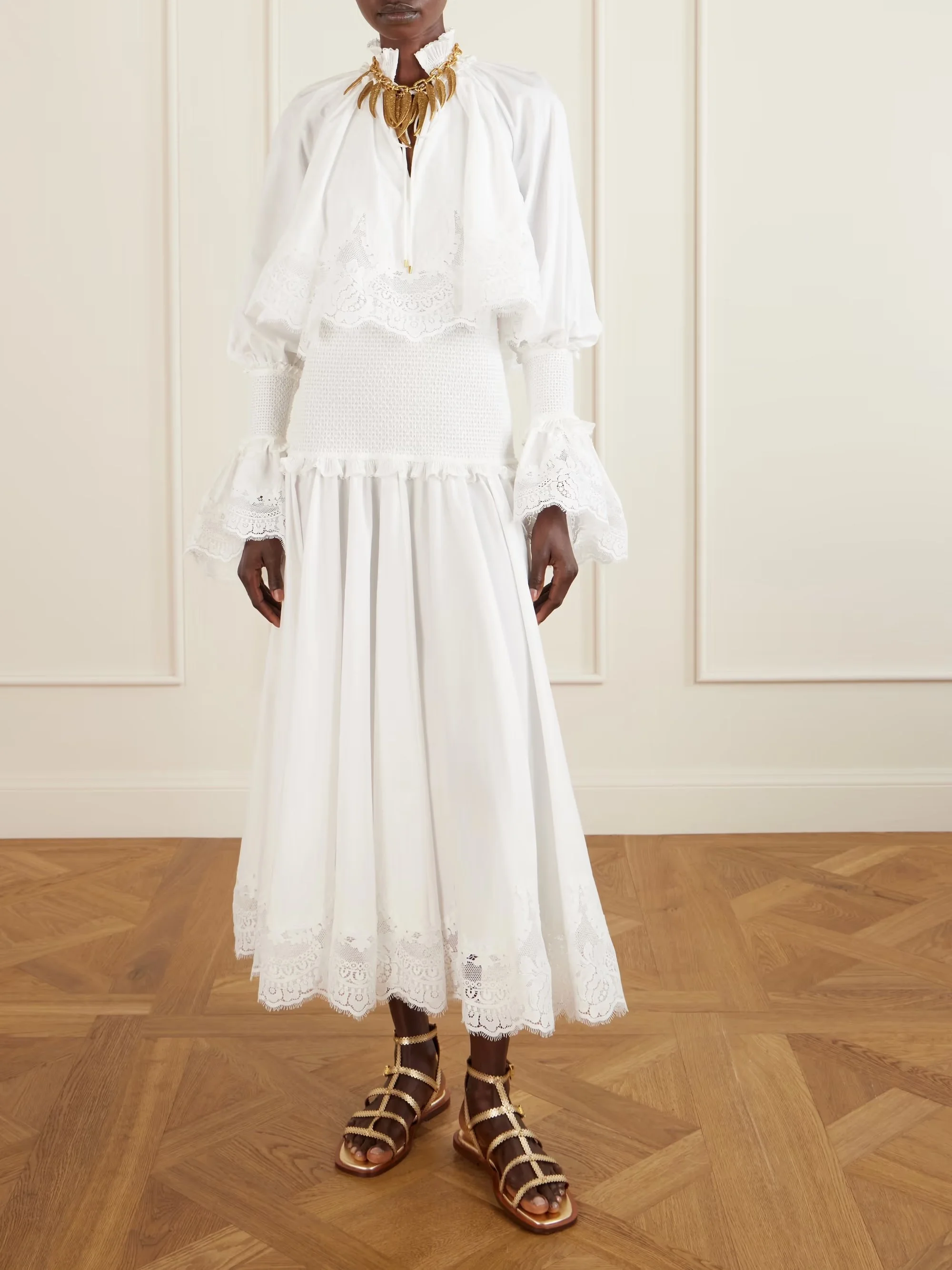 Zimmermann - Alchemy Ruffled Shirred Lace-trimmed Cotton-poplin Midi Dress - White
