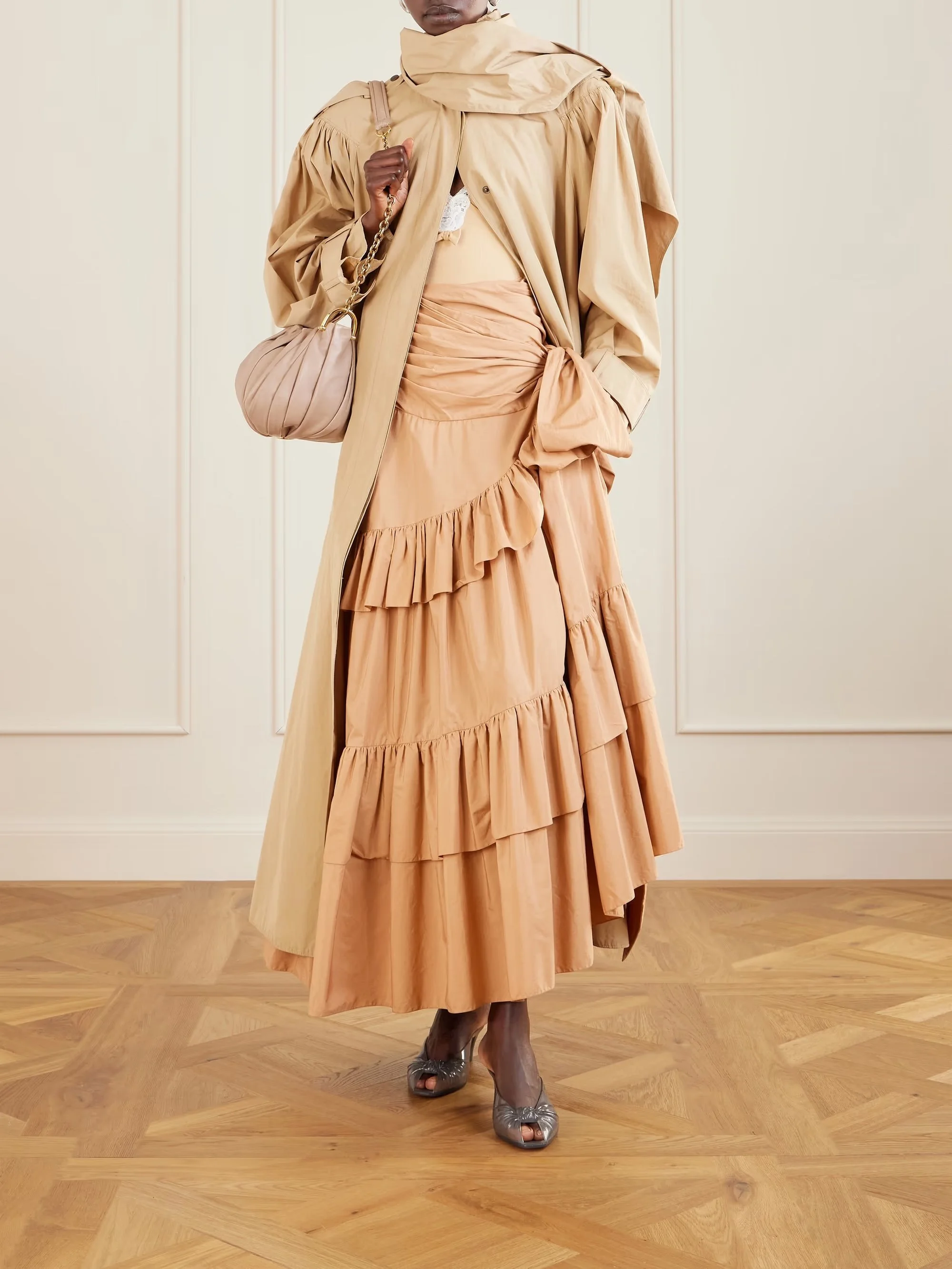 Chloé - Bow-detailed Ruffled Organic Cotton-poplin Midi Skirt - Neutrals