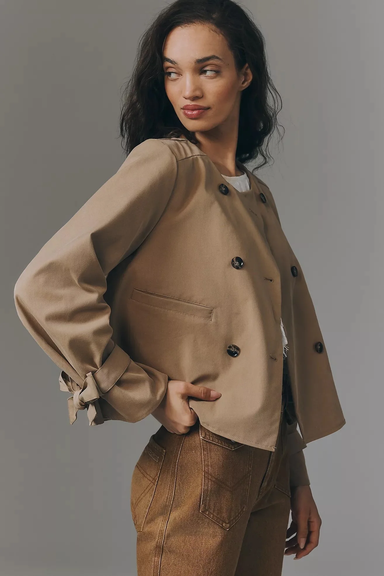 Double-Breasted Crop Trench Coat Jacket