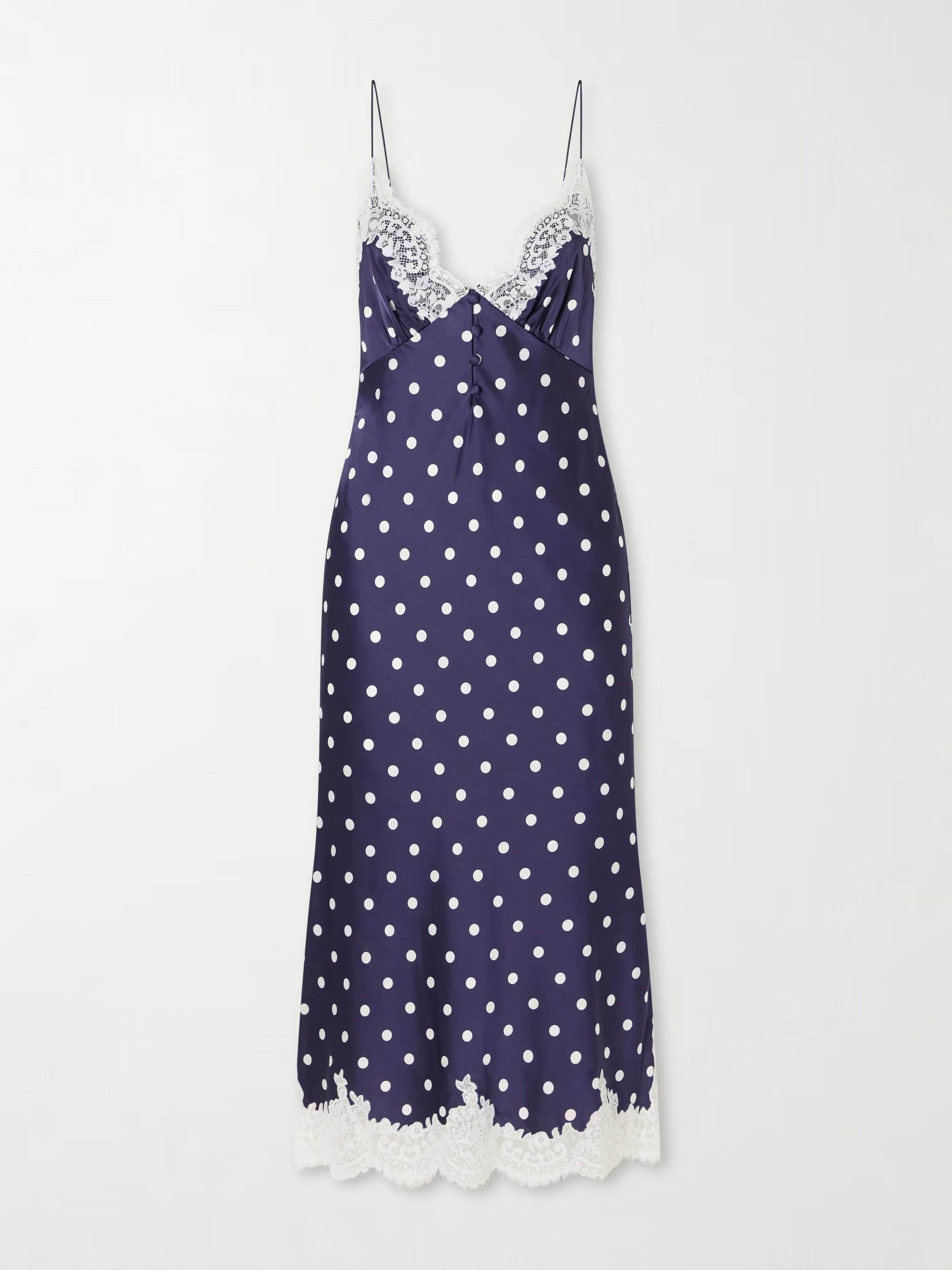 Lace-trimmed Polka-dot Satin Midi Dress