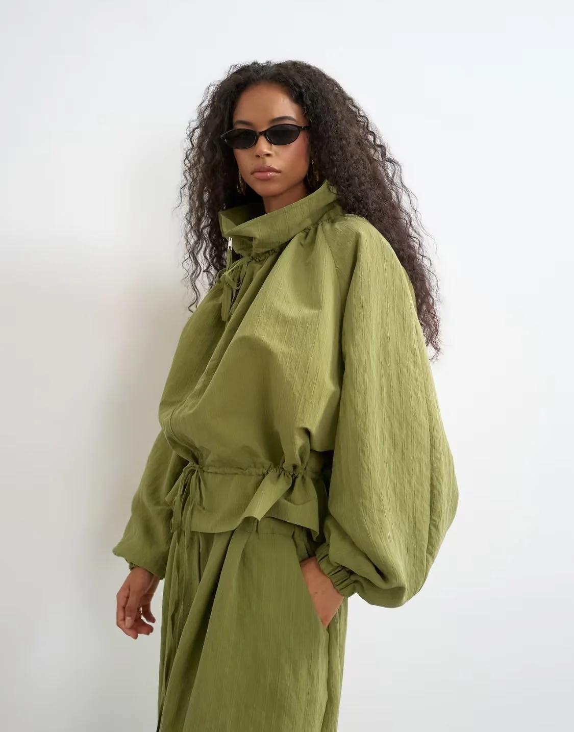 Topshop funnel neck jacket with tie waist in olive - part of a set-Green