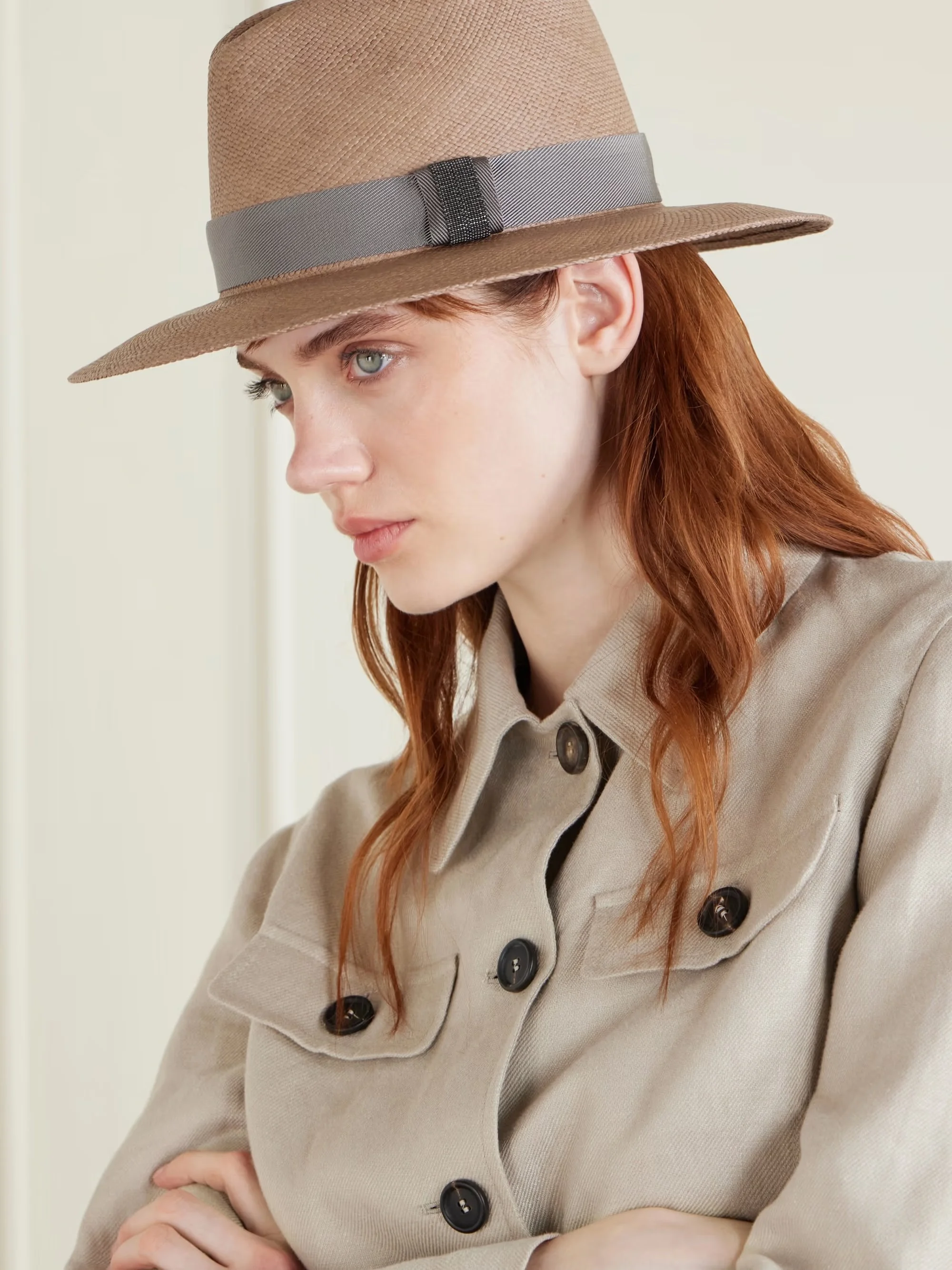 Embellished grosgrain-trimmed straw hat