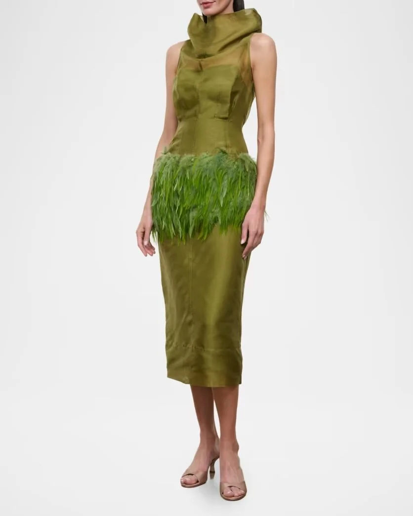 Bisou Feather-Trim Midi Dress