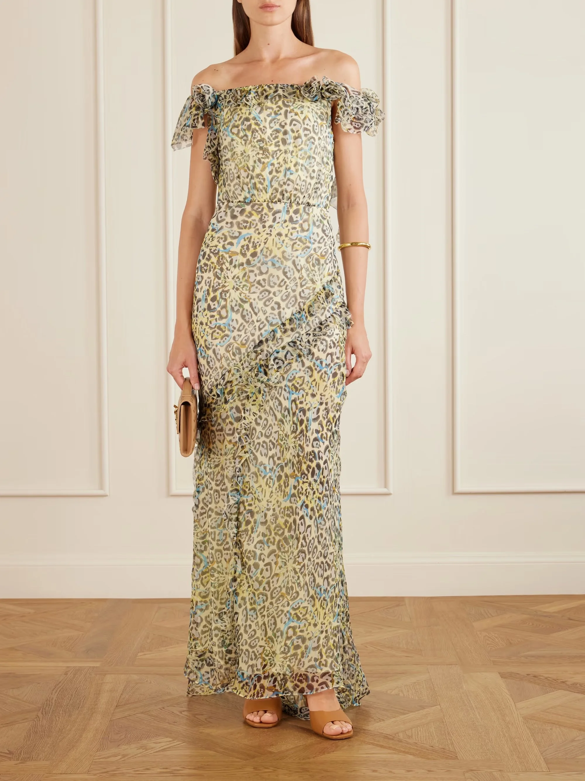 Saloni - Nina Off-the-shoulder Ruffled Printed Silk Gown - Animal Print