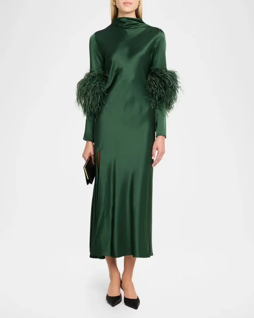 Satin Draped Neck Feather-Trim Midi Dress