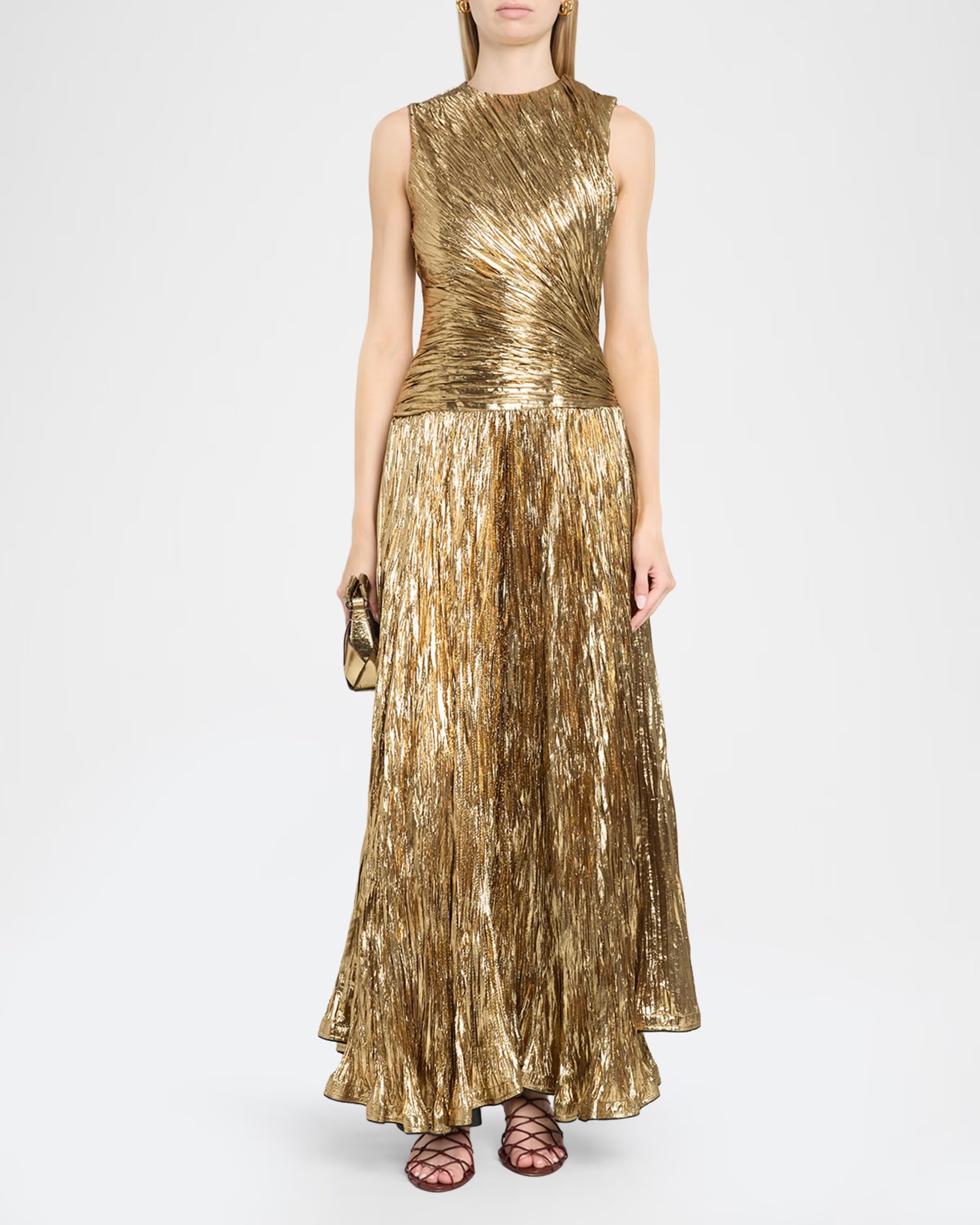 Sleeveless Metallic Plisse Drop-Waist Gown