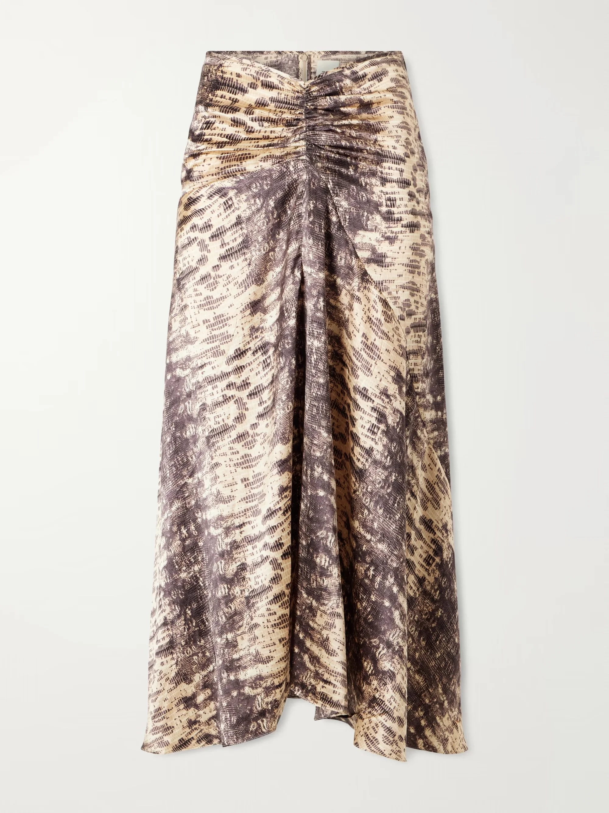 Laren Python-Print Ruched Silk Midi Skirt
