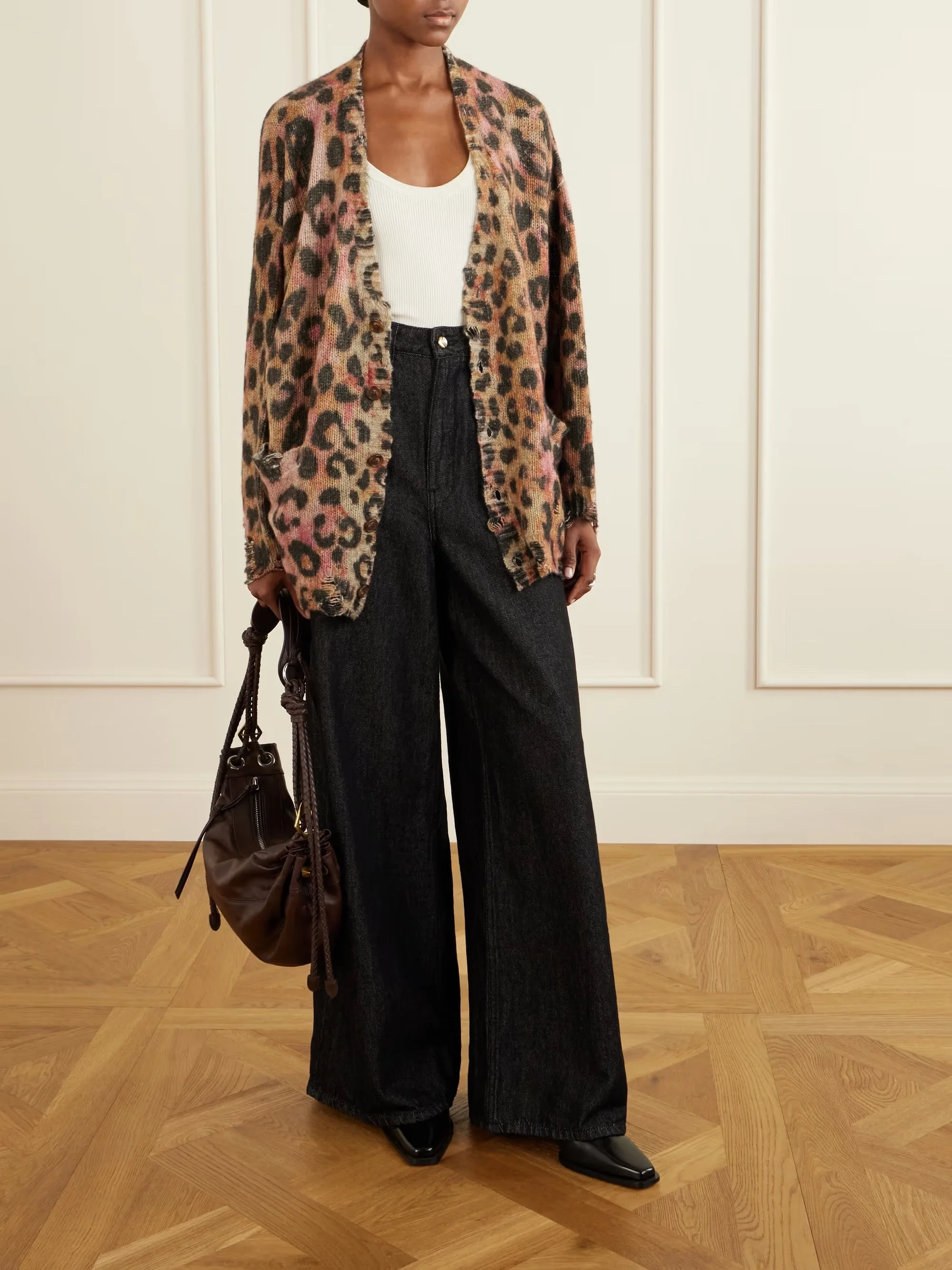 R13 - Distressed Animal-print Cashmere Cardigan - Brown