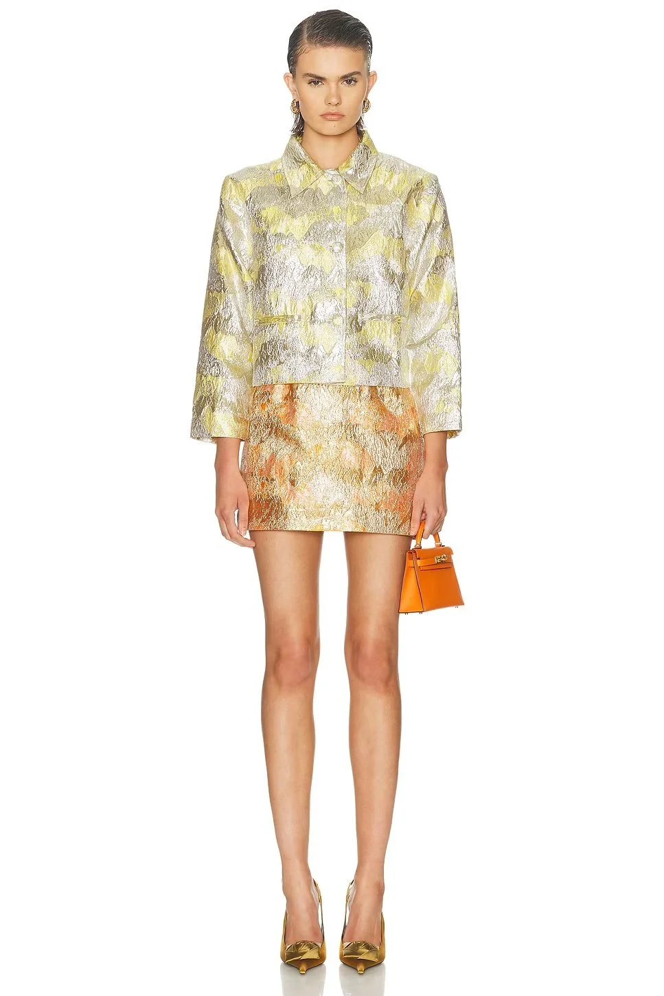 RENGGLI Brocade Jacket in Yellow, Metallic Silver