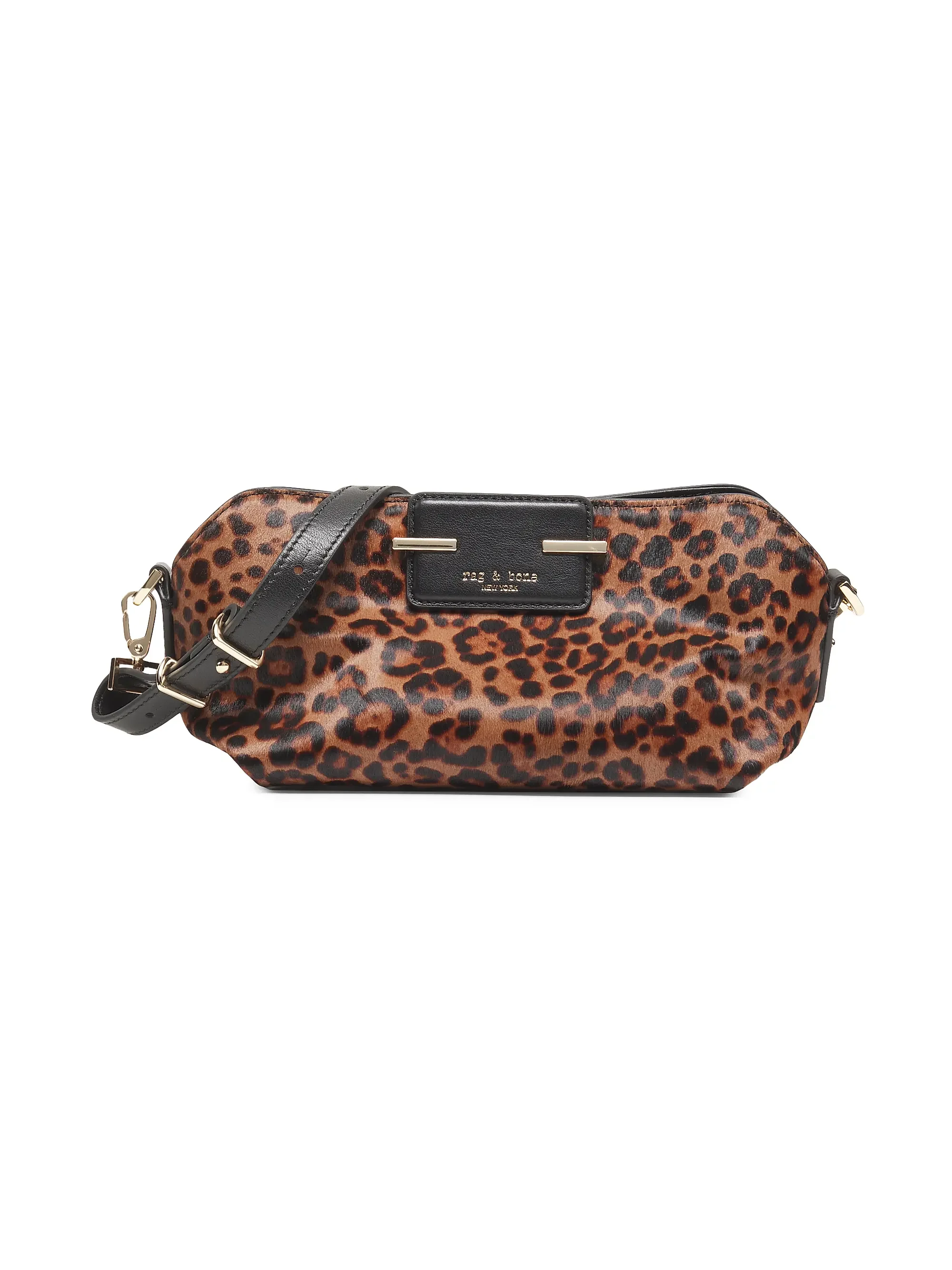 Leopard print handbag with black strap and gold hardware