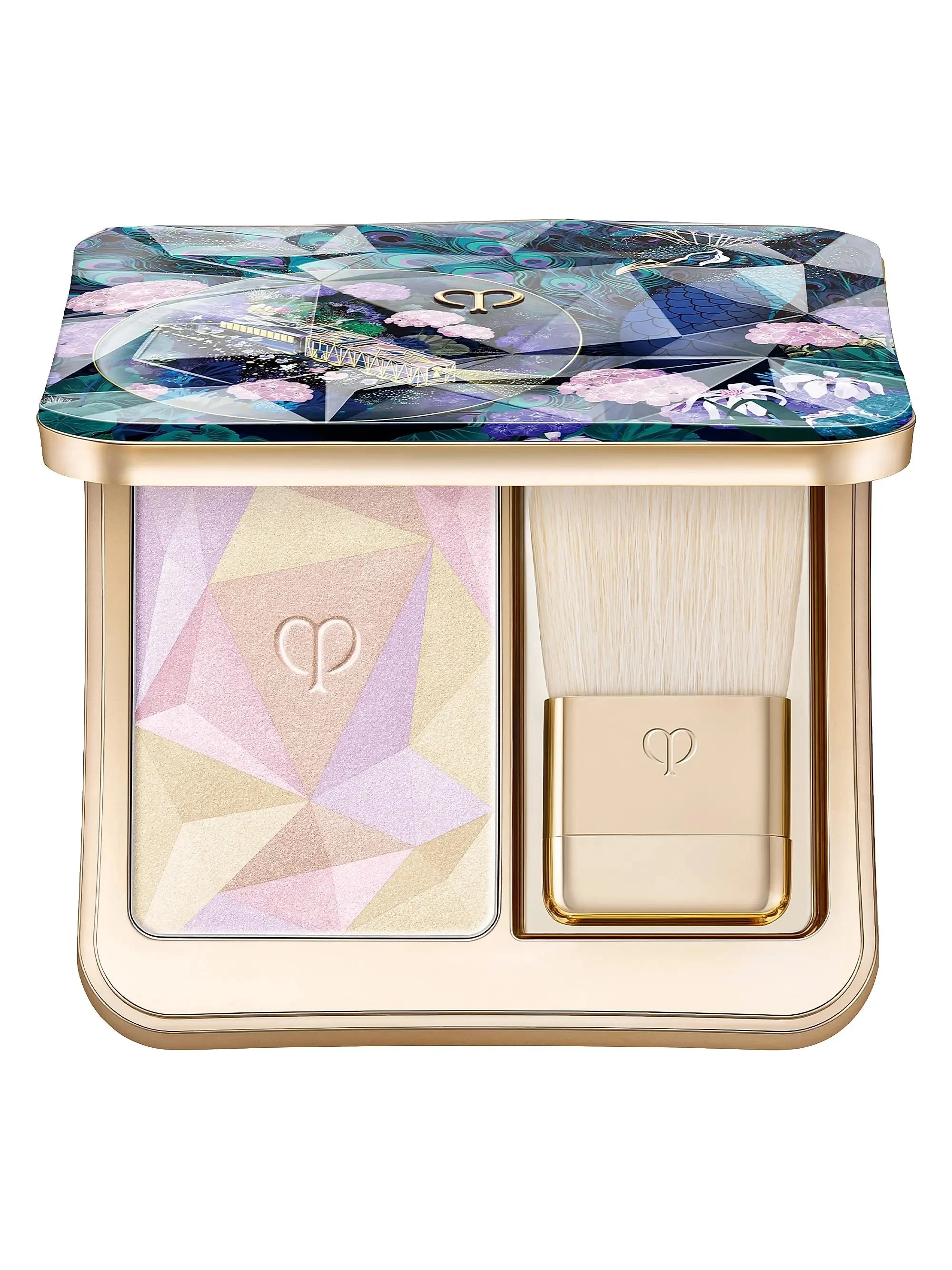 Luxury makeup compact with a geometric pastel face powder and a powder brush in a gold case, with a vibrant floral and abstract design on the lid.