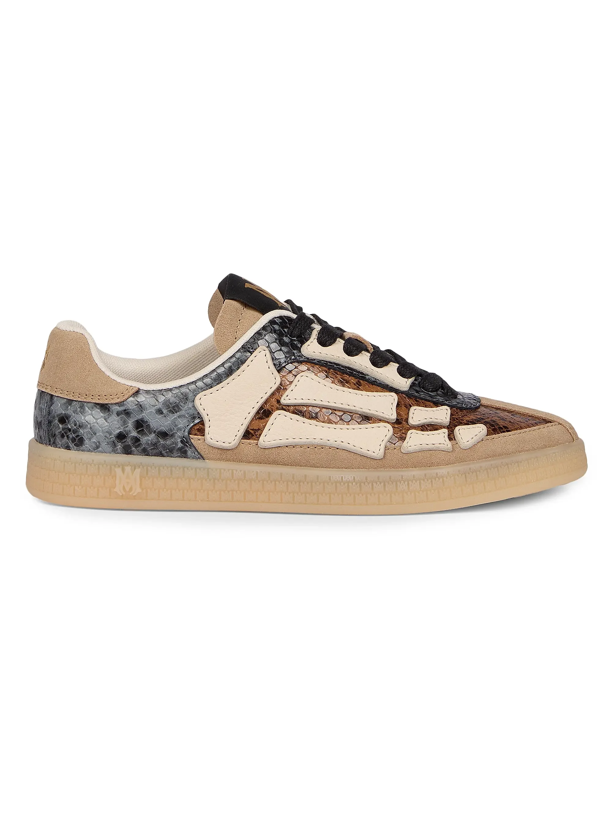 Beige, black, and snake skin patterned sneakers with a low profile and lace-up closure.