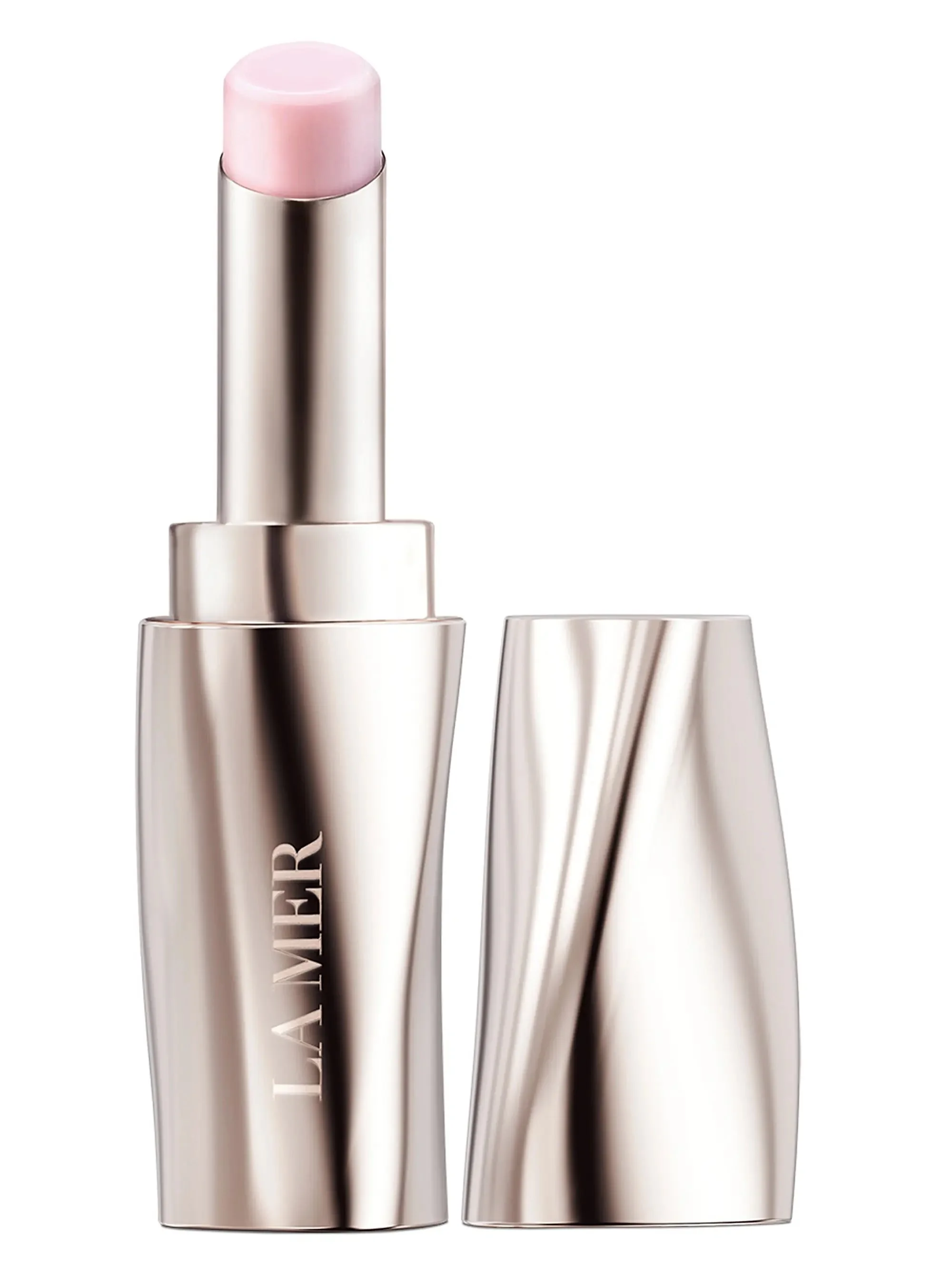 A tube of Laura Mercier lip balm with the cap removed, showing light pink balm on a metallic silver tube with wavy design.