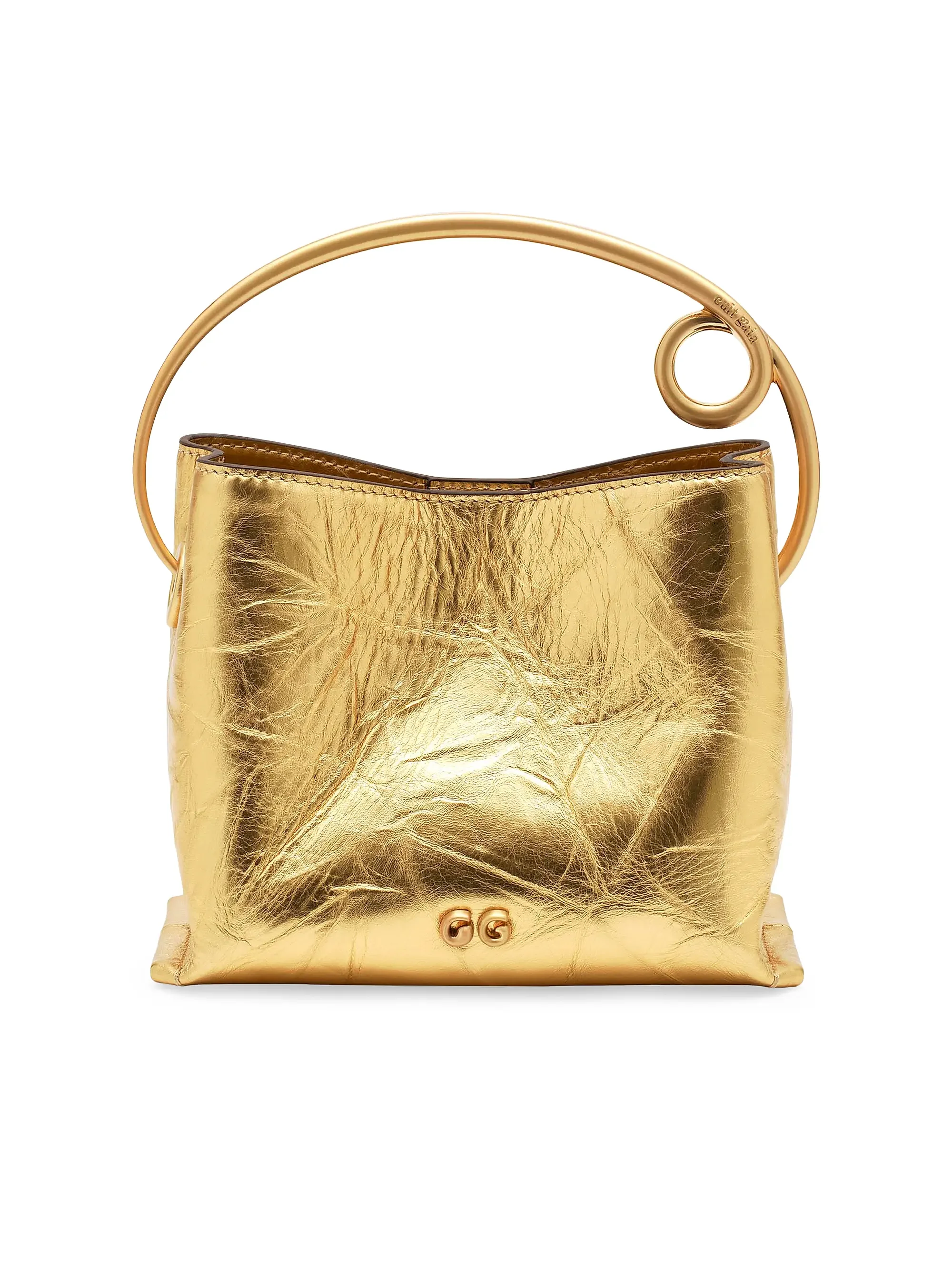 Gold metallic handbag with a round, curved handle and small initials 'GG' on the front.