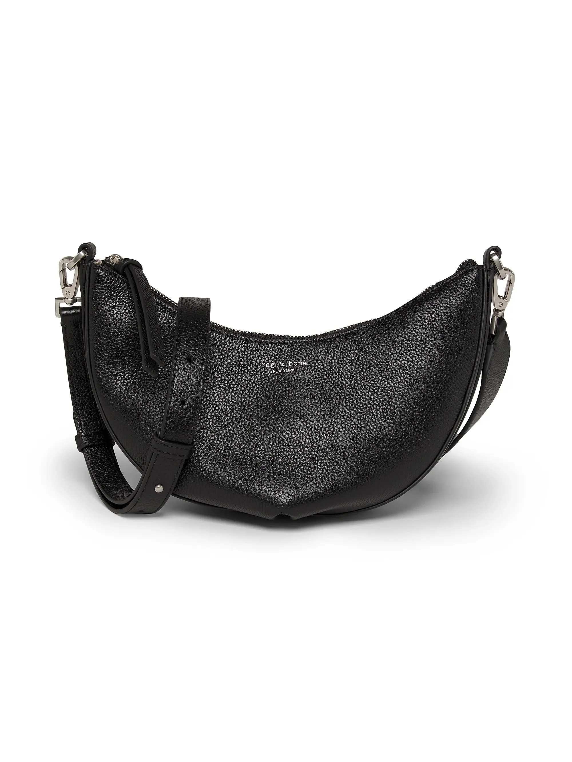 Black textured leather crossbody bag with adjustable strap, silver hardware, and small brand logo on the front.