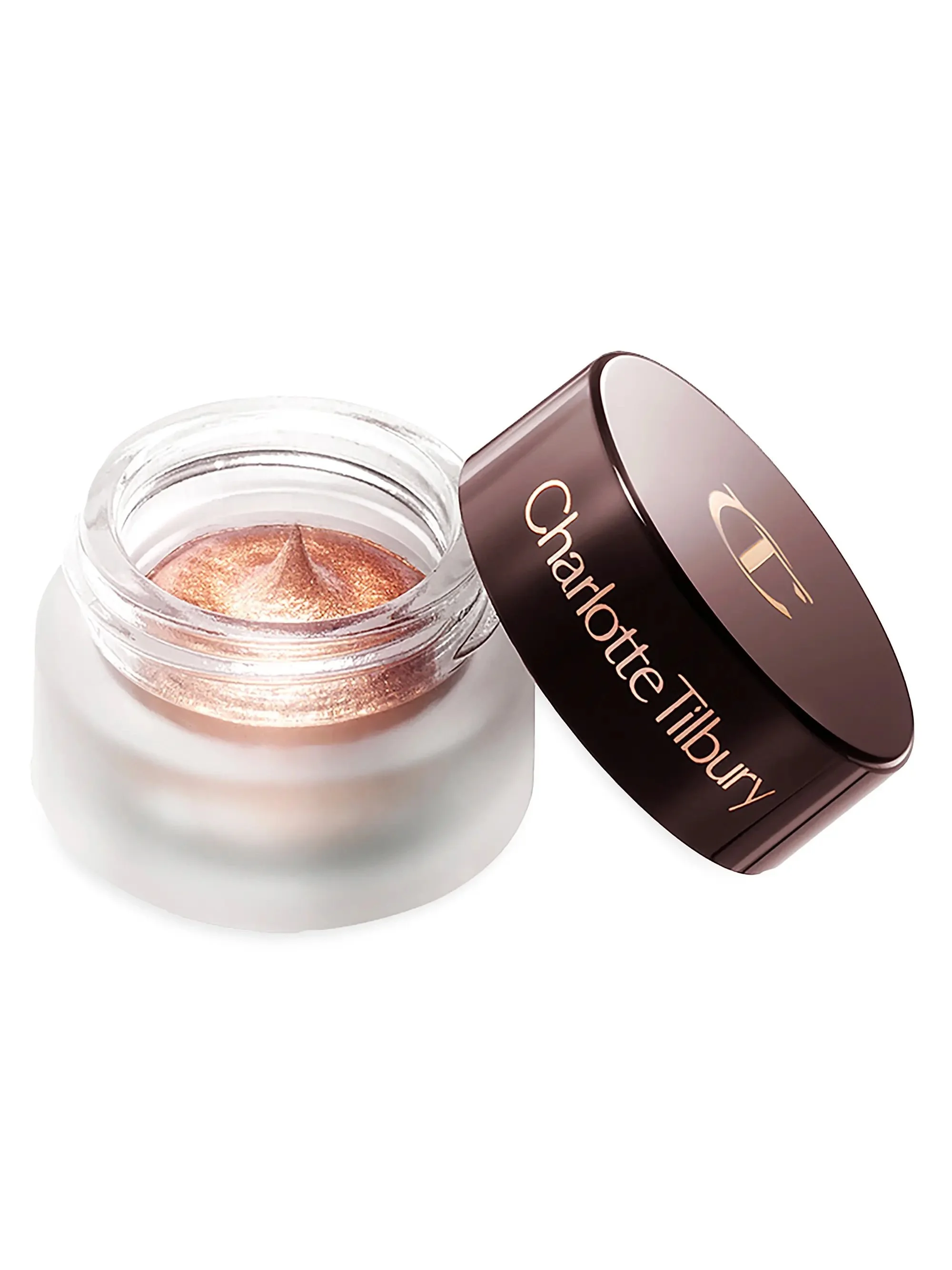 Open jar of Charlotte Tilbury eyeshadow with rose gold shimmer